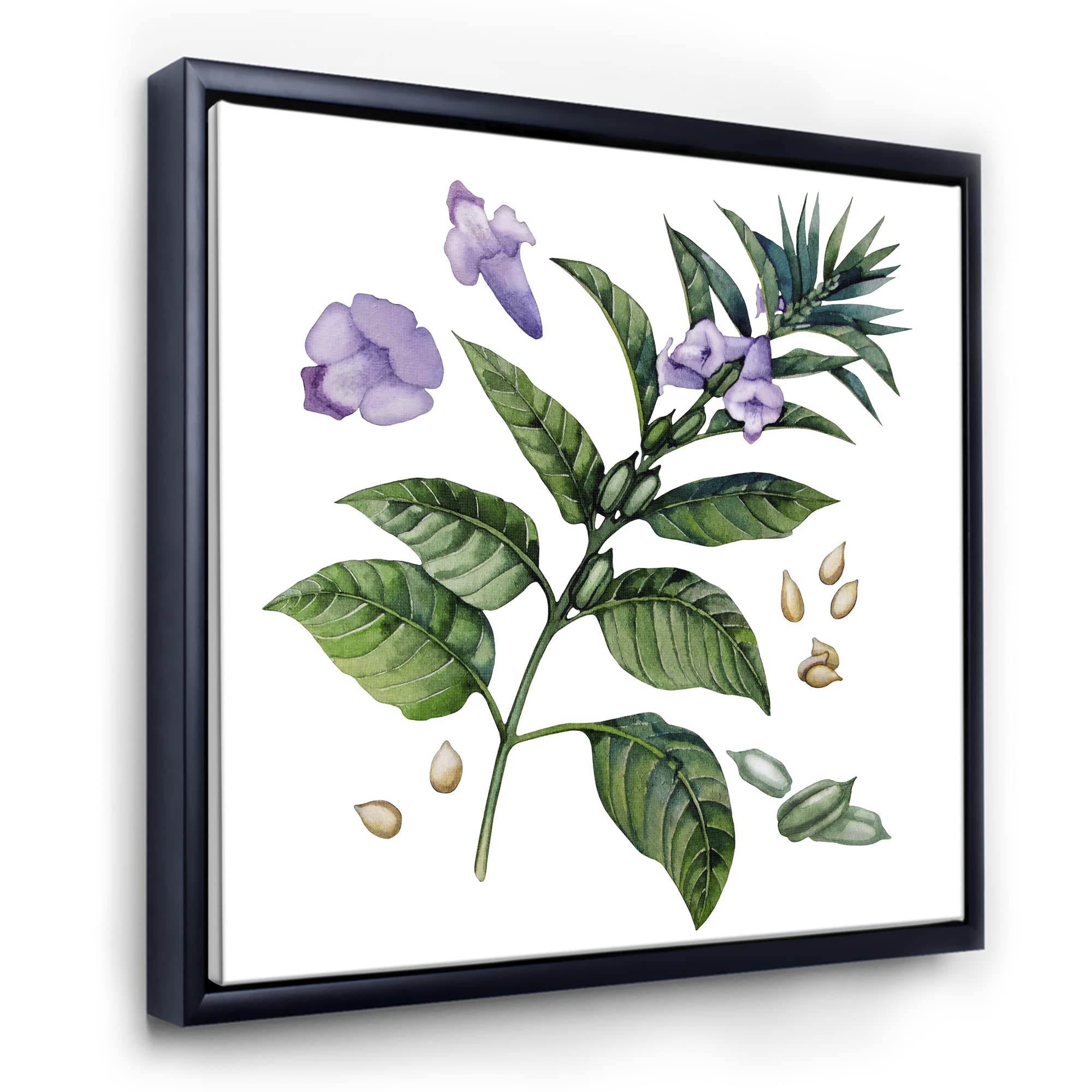 DesignQ Purple Sesame Flowers With Green Leaves - Traditional Framed Canvas Wall Art Print for Home Decor, Living Room, Bedroom & Office | Handmade Floral Painting