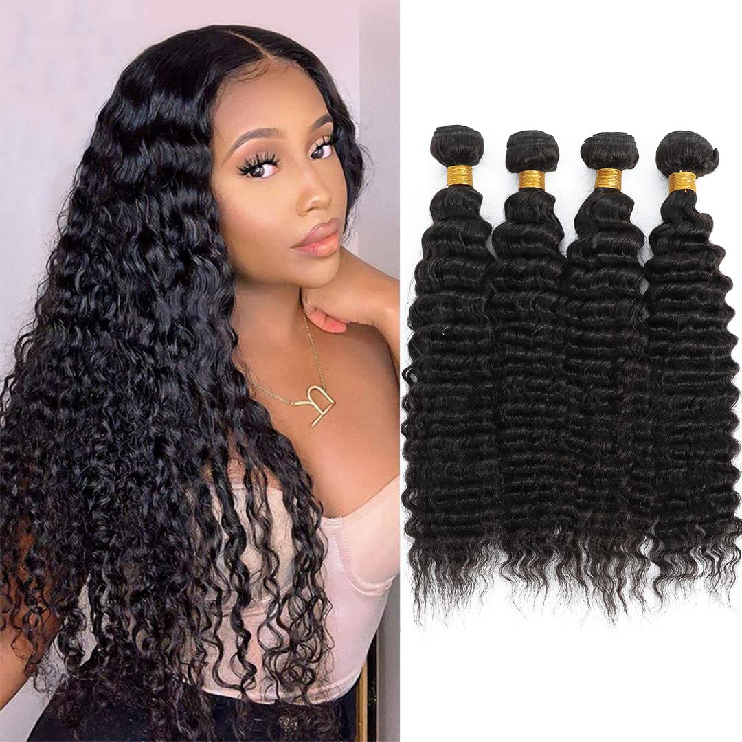14-20 Inch Deep Wave Brazilian Human Hair Bundles - 4 Pcs Natural Black Loose Wave Hair Extensions for Styling, Weaving & Voluminous Looks