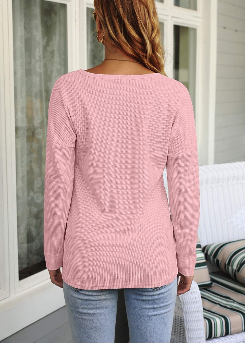 WNEEDU Women's Waffle Knit Tunic Top - Loose Fit Long Sleeve Button Up V-Neck Henley Shirt for Casual Wear, Work & Fall Outfits