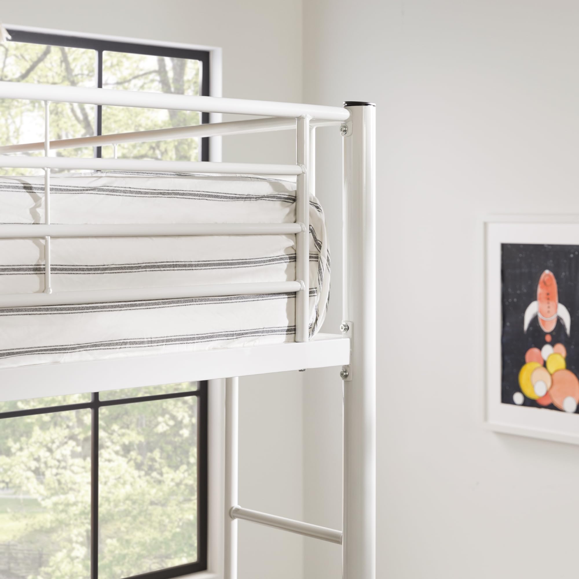 Walker Edison Timothee Urban Industrial Metal Full Double Loft Bunk Bed - White | Space-Saving Kids & Teen Bedroom Furniture for Small Rooms & Dorm Living