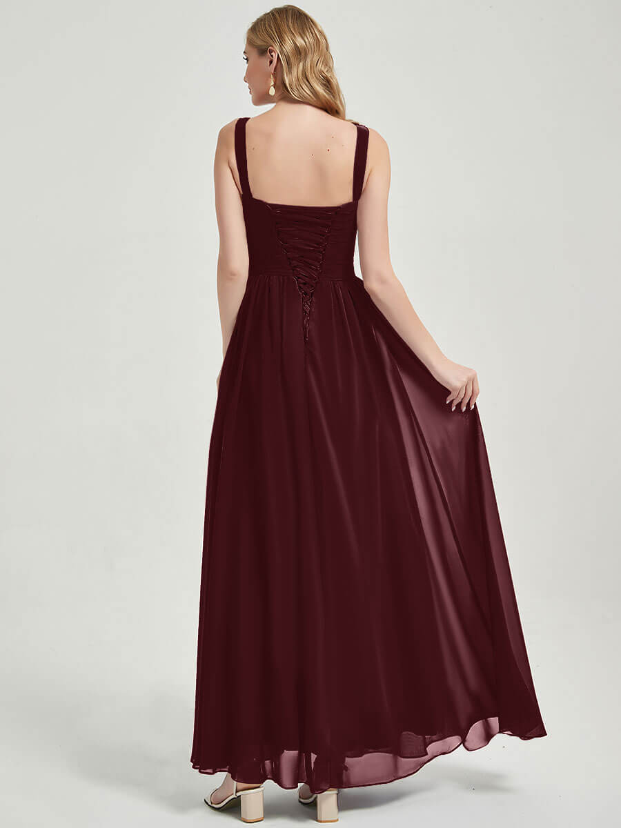Elegant Burgundy Wide Straps Sleeveless V-Neck Pleated Flowy Bridesmaid Dress for Weddings & Formal Events