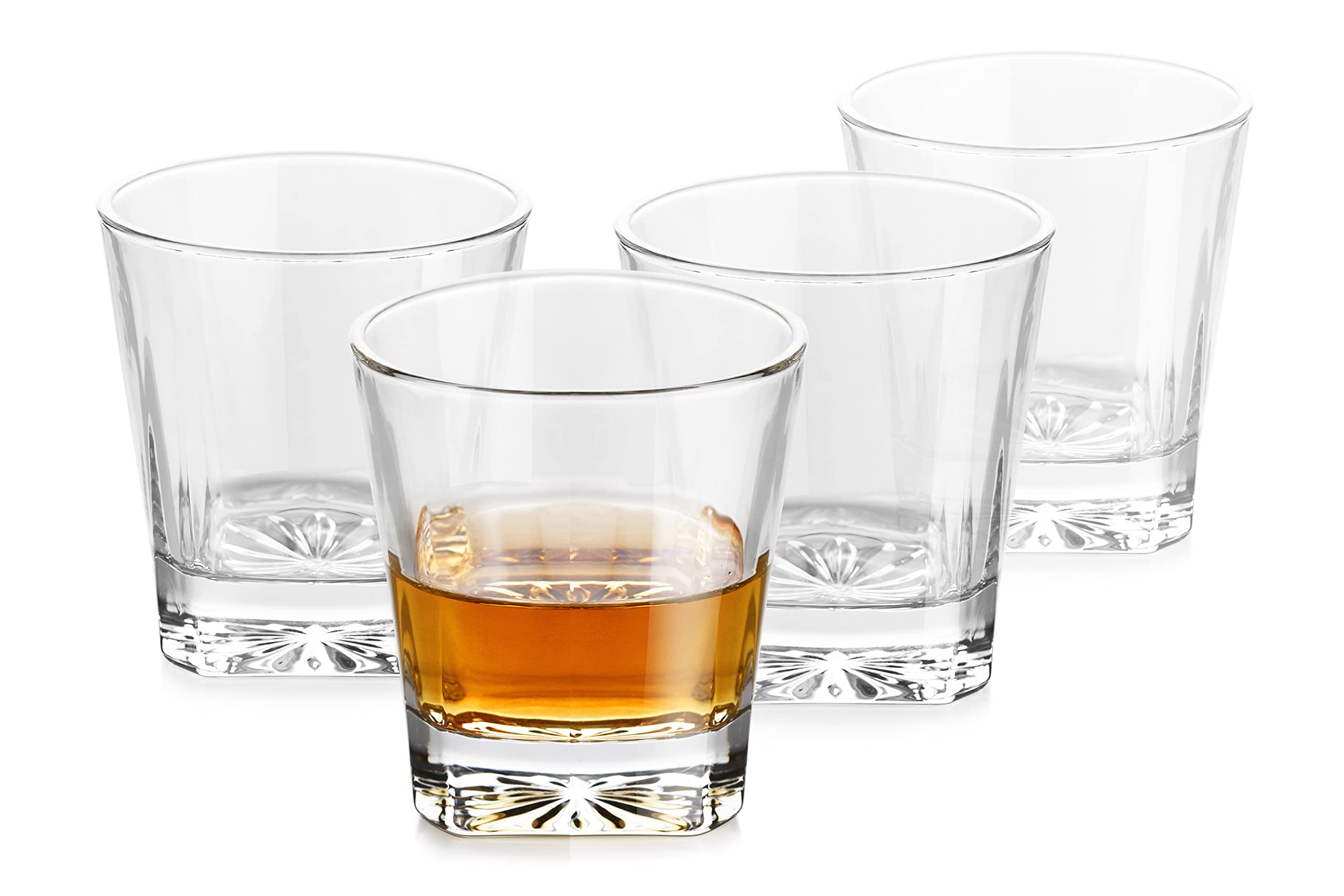 Premium Whiskey Glasses Set of 4 - 11 oz Square Bottom Old Fashioned Scotch & Bourbon Glasses - Heavy Base Cocktail Tumblers for Whiskey, Scotch, Bourbon - Perfect for Home Bar, Gifts & Entertaining