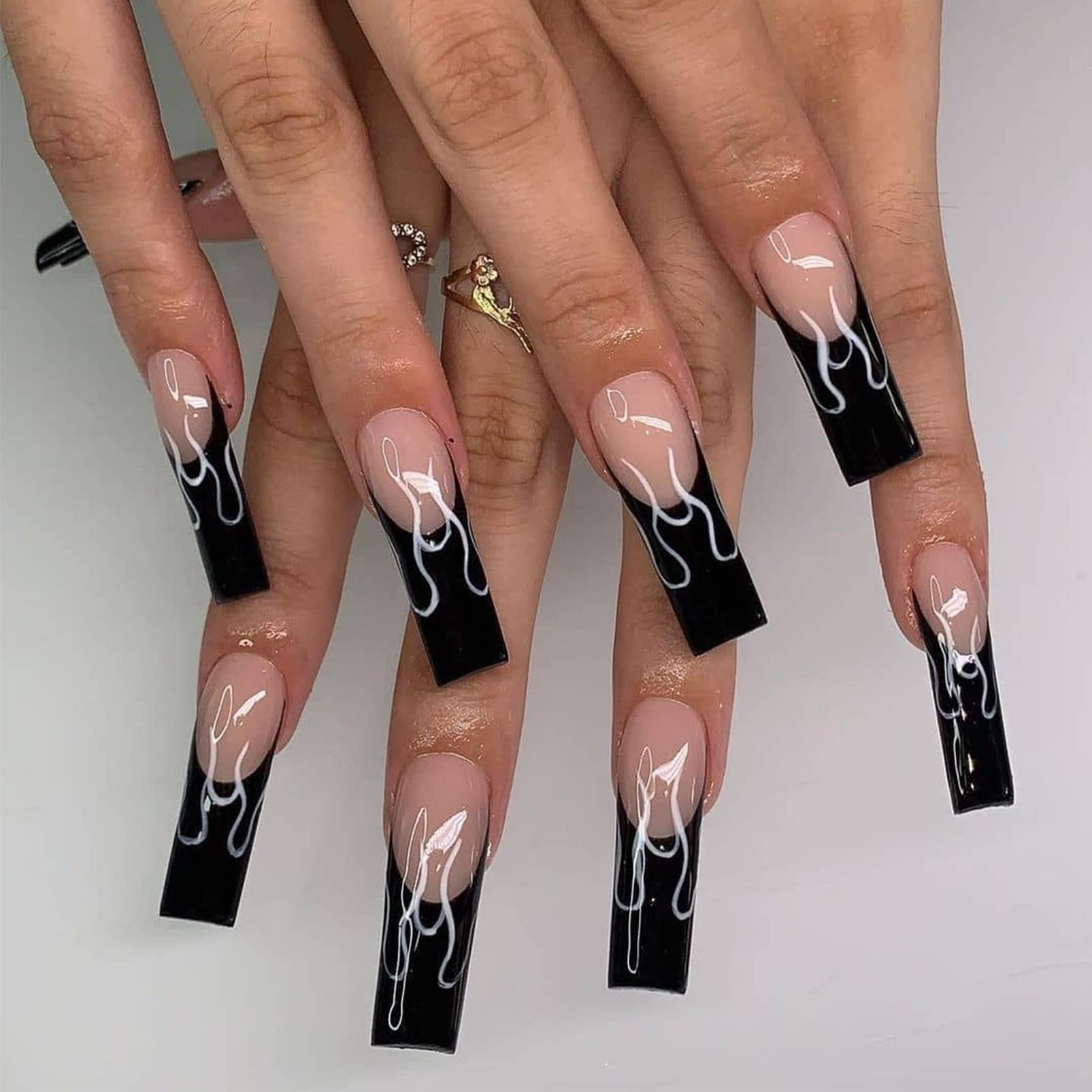 24Pcs Black French Coffin False Nails with Flame Design - Acrylic Press on Nails with Nude Tips & Nail Glue - Ballerina Stick on Nails for Women & Girls - Perfect for Halloween, Parties & Nail Art