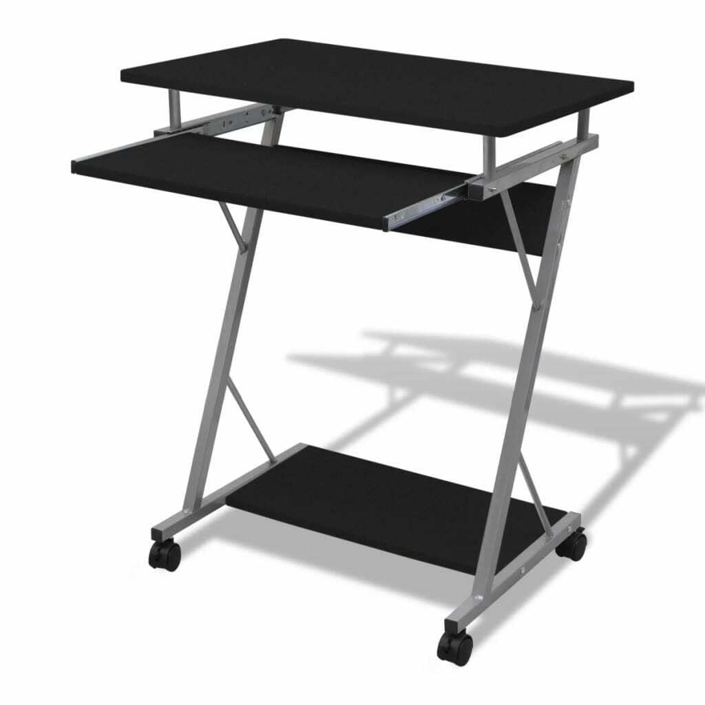 Adjustable Rolling Laptop Desk with Pull-Out Keyboard Tray - Mobile Black Computer Workstation for Gaming, Office & Home Use | Standing Desk Converter with Storage Organizer | Perfect for Small Spaces, Remote Work & Ergonomic Computing
