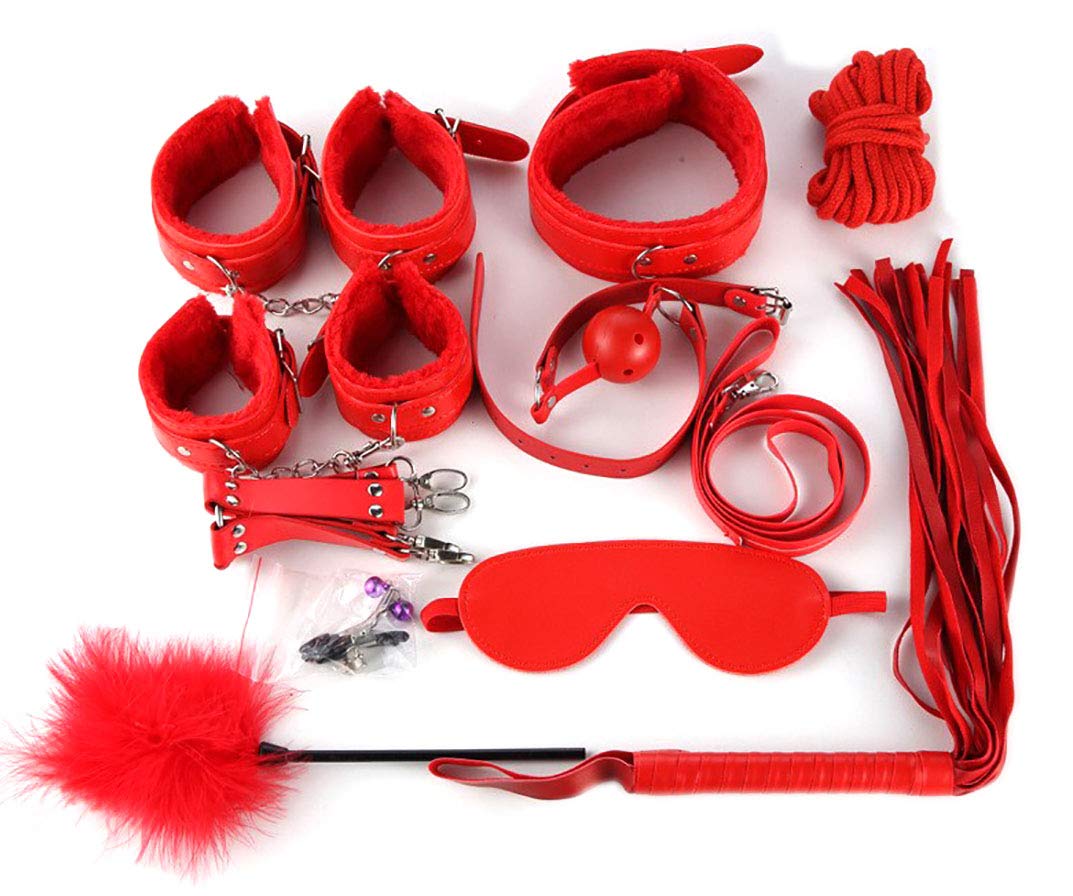 Premium BDSM Bondage Restraints Kit - Adjustable Handcuffs & Ankle Cuffs for Couples, Adults - Soft Flexible Design for Safe Play - Perfect for Bedroom, Roleplay & Spicing Up Relationships (10-Piece Set, Red)