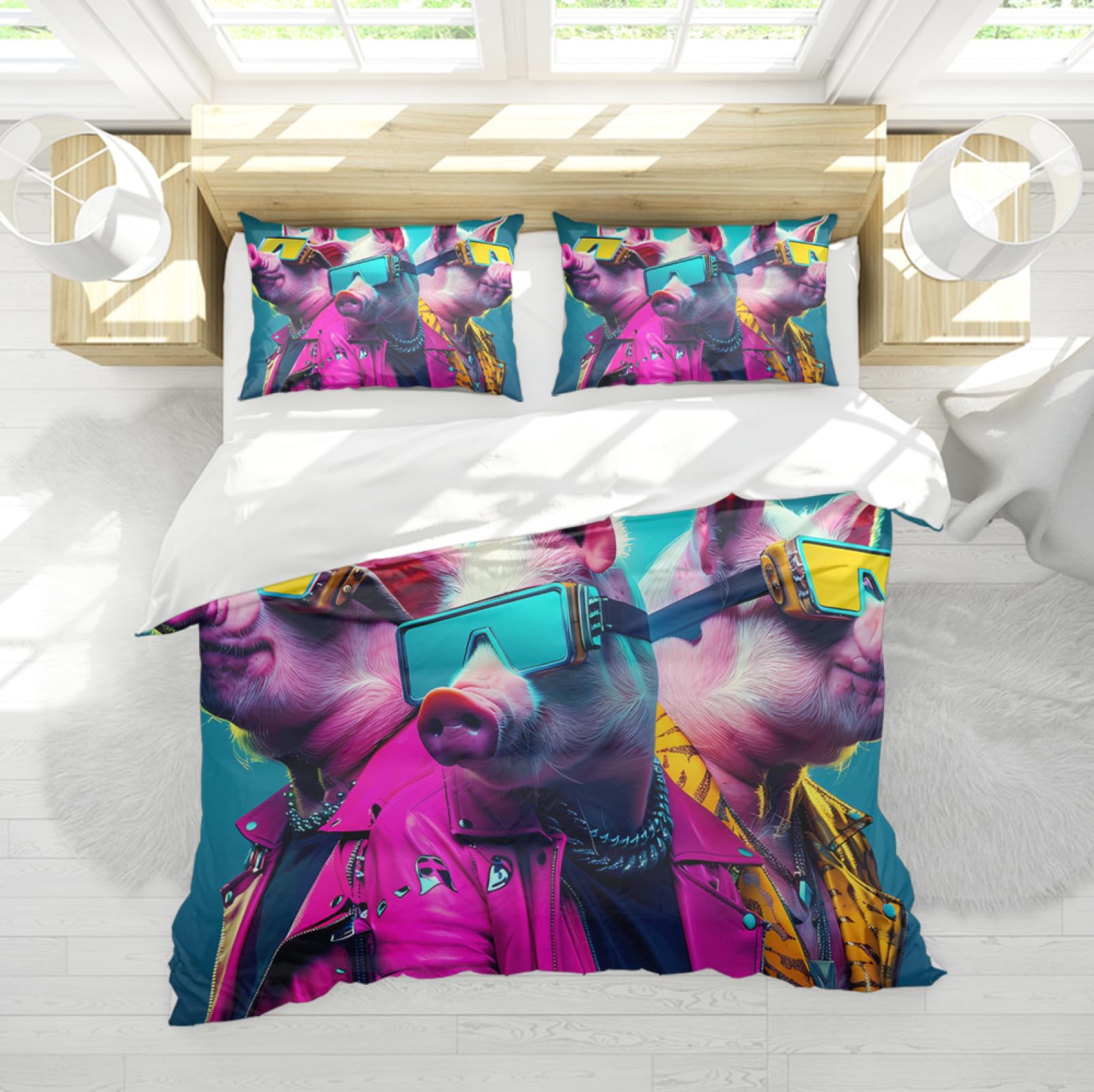 3-Piece Cartoon Game Theme Duvet Cover Set - Pink Stylish Pig Animal Print Bedding with 2 Pillowcases, Twin Size, Easy Care - Perfect for Kids' Room, Teen Bedroom & Themed Sleepovers