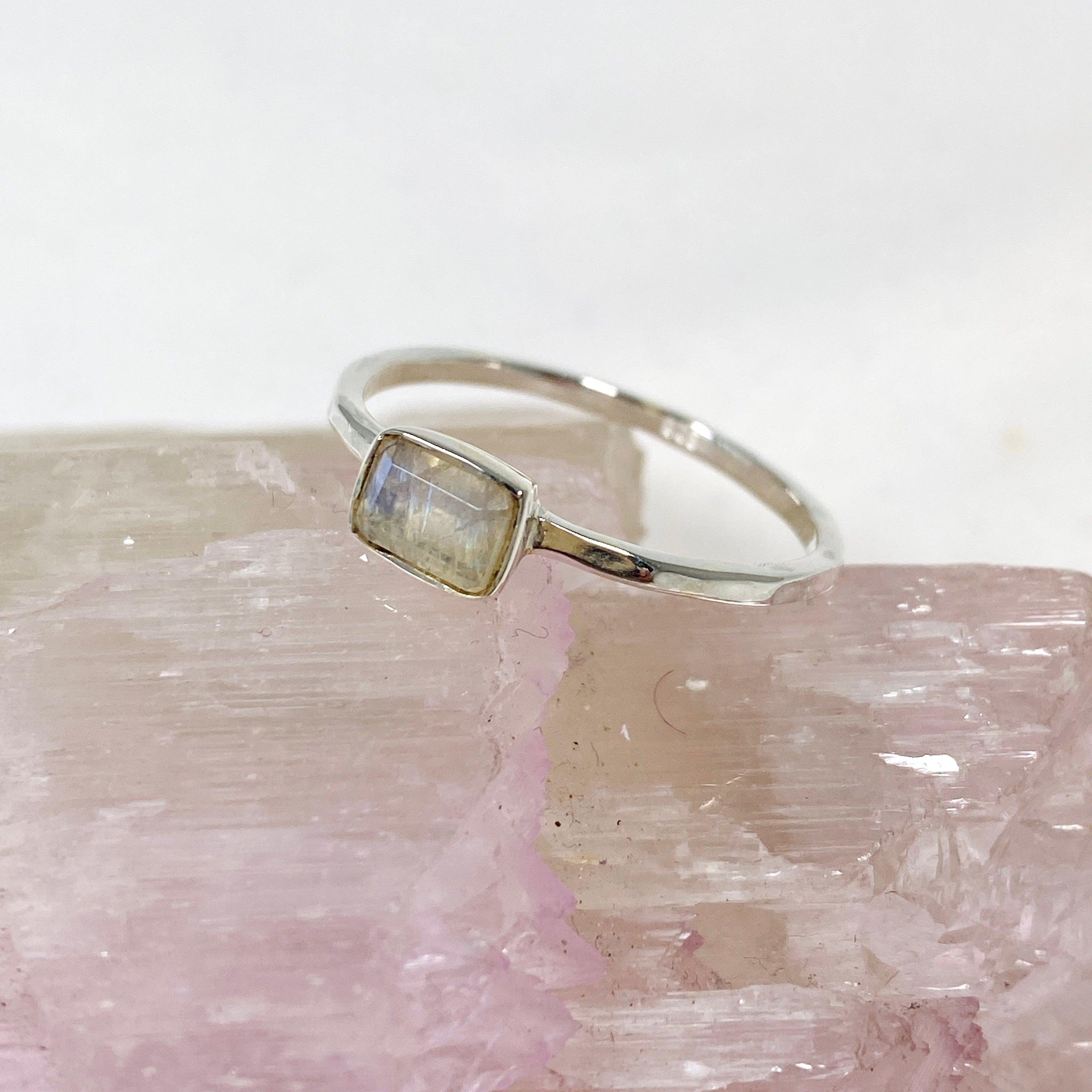 Rainbow Moonstone Faceted Rectangular Band Ring - Sterling Silver Fine Jewelry R3793 RMS for Women's Fashion & Gift Giving