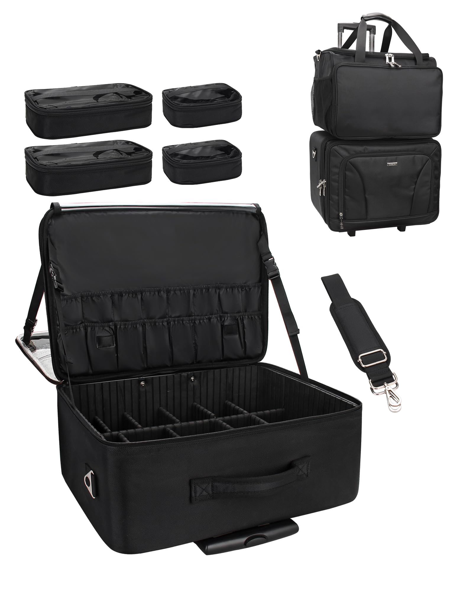 MONSTINA Rolling Makeup Train Case with 4 Small Cosmetic Bags & Professional Hairdressing Kit - Adjustable Divider Hairstylist Organizer | Travel Makeup Artist Trolley for Salon Professionals & On-the-Go Stylists (Black)
