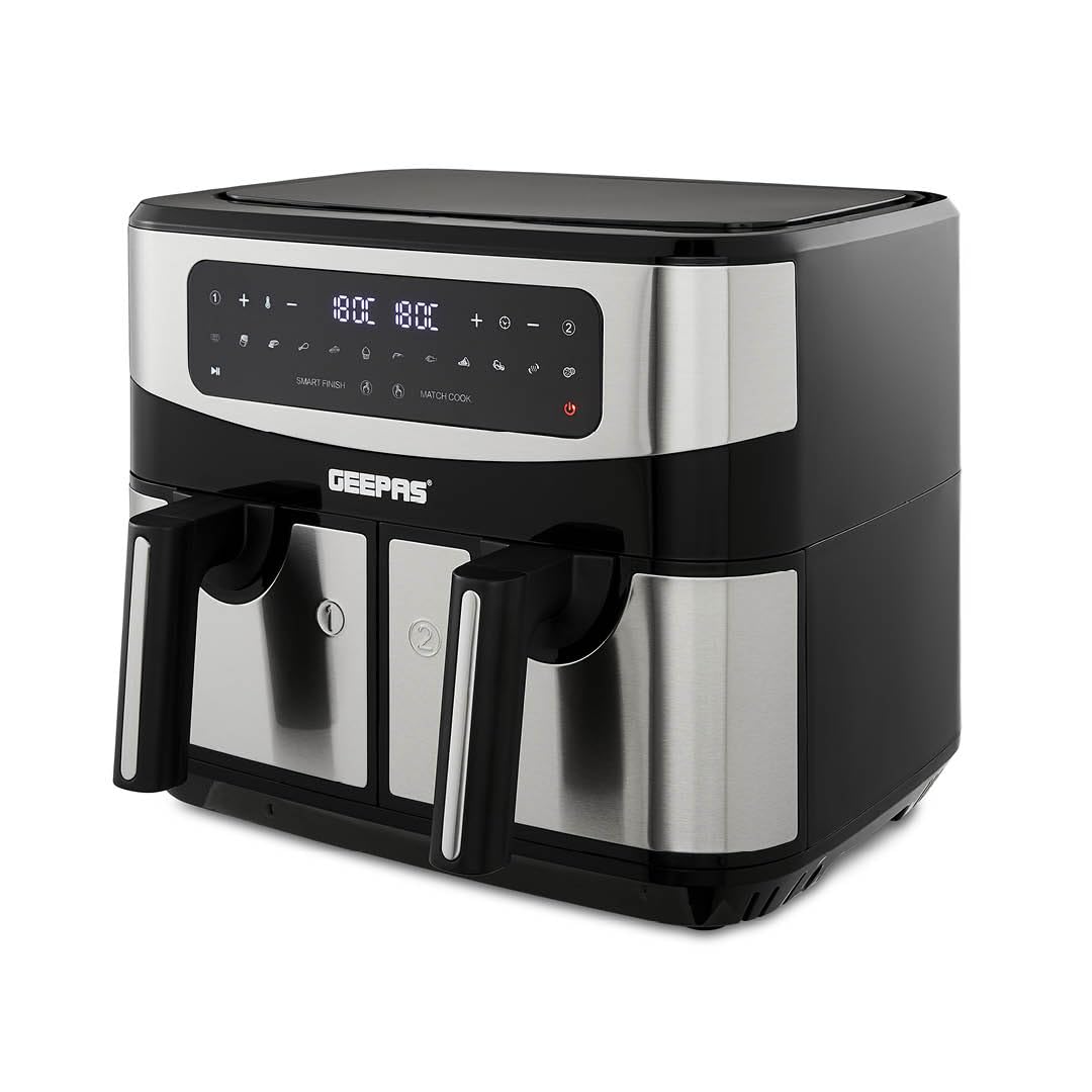 Geepas 9L XL Dual Zone Air Fryer with 2 Drawers - 10-in-1 Cooking Presets, Touch Screen, Smart Finish & Timer - Oil-Free Healthy Cooking for Family Meals, Snacks & Meal Prep - Dishwasher Safe Airfryer