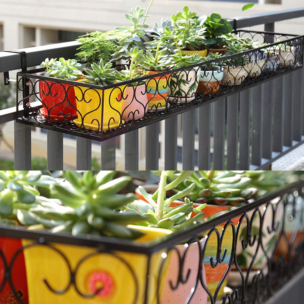 Matybobe Iron Hanging Flower Railing Shelf Basket with Hooks - Balcony Planter Pots Stand Holder for Outdoor Plants - Perfect for Small Space Gardening, Patio Decor & Vertical Garden Organization (1-Tier)
