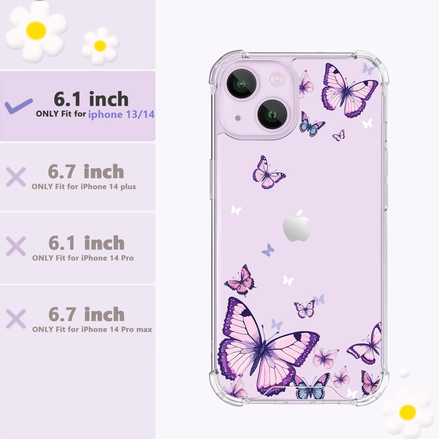 OtterBox Crystal Clear iPhone 13/14 Case (6.1 Inch) - Non-Yellowing Shockproof Protective Cover with Purple Butterfly Design for Women & Girls | Perfect for Everyday Use, Travel & Gift Giving