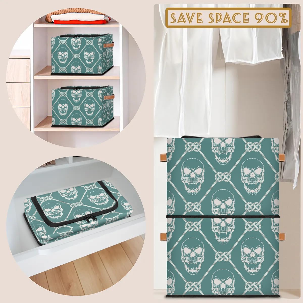 2-Pack Skeleton Rope Plaid Storage Bins with Zipper Lid | Stackable Closet Organizer Baskets with Metal Frame & PU Handles | Perfect for Clothes, Toys, and Home Organization