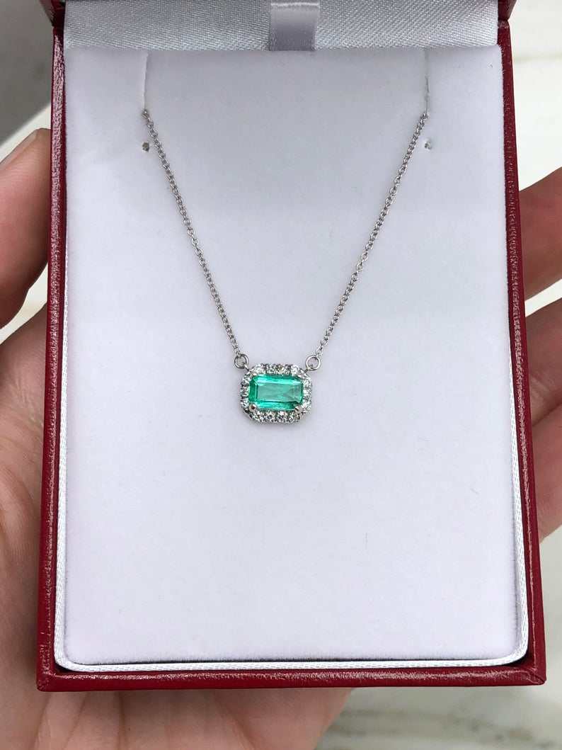 1.25tcw East to West Spring Green Emerald Cut Diamond Pave Halo White Gold Necklace 14K - Elegant Jewelry for Weddings, Anniversaries & Special Occasions