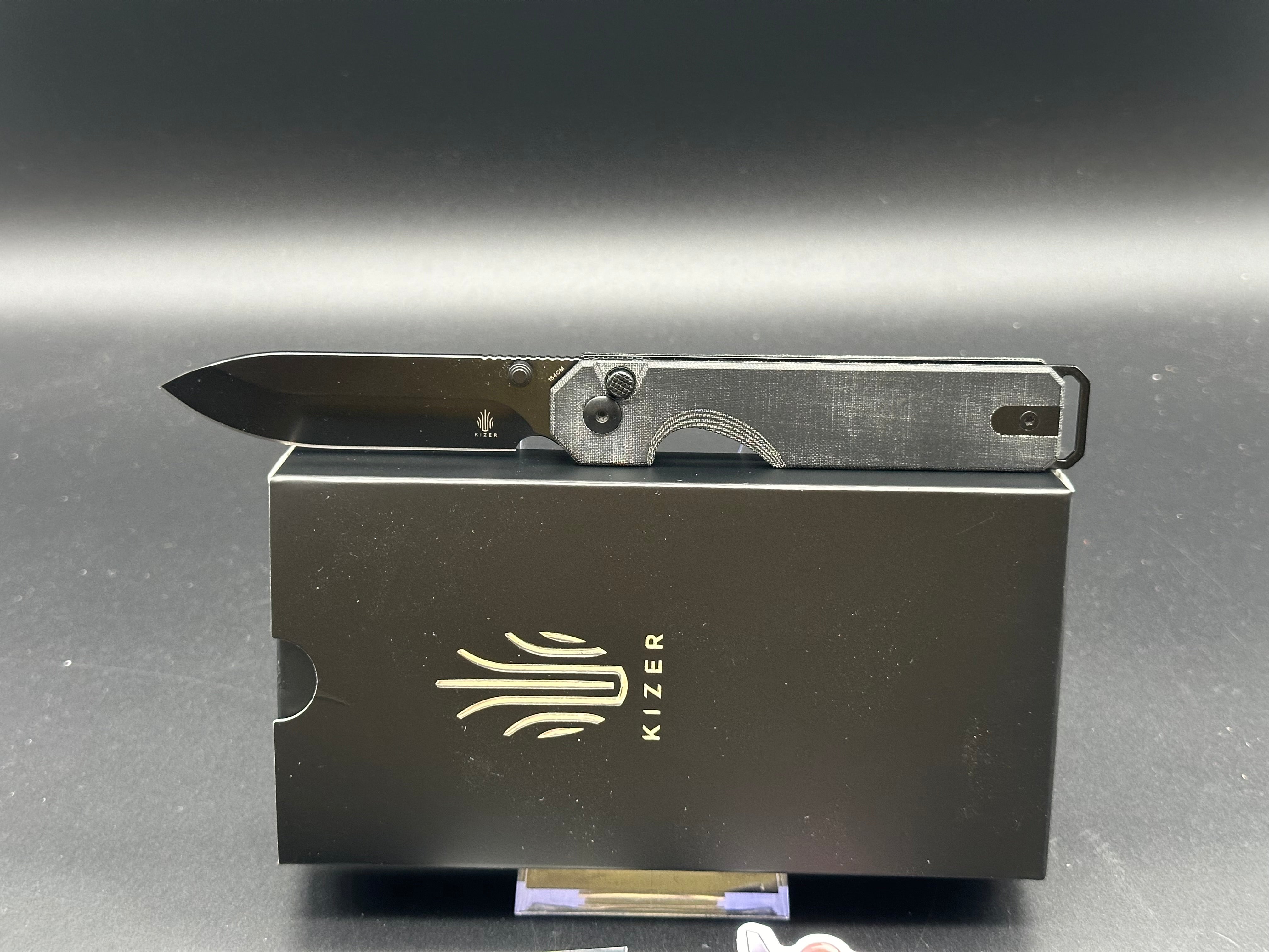 KIZER KUH Folding Pocket Knife - Black Micarta Handle, 154CM Steel Blade, Button Lock Mechanism | EDC, Outdoor, Camping, Survival Gear