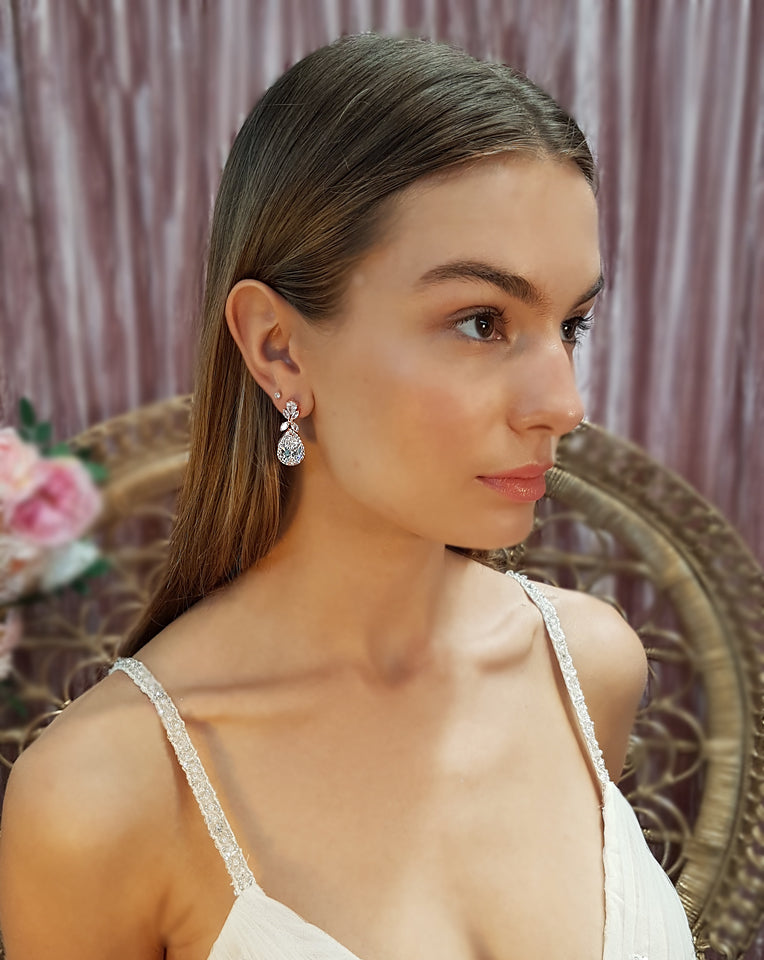 Elegant Vintage Halo Pear Drop Wedding Earrings by Johnny B at Kezani - Perfect for Bridal Jewelry, Formal Events & Special Occasions