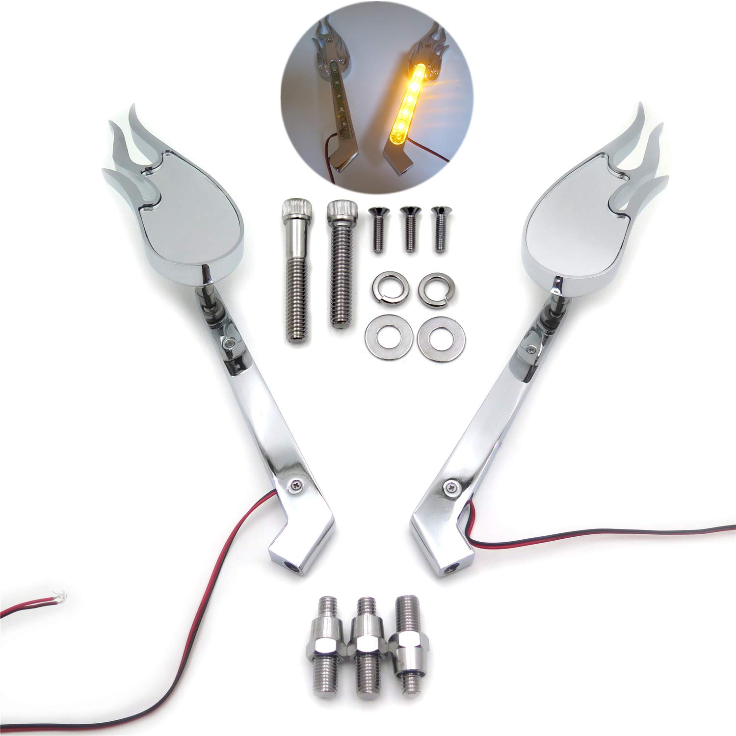 Custom Chrome Flame LED Turn Signal Integrated Mirrors for Harley Softail Fat Boy Road King Dyna Wide Glide Springer Sportster XL - Universal Fit for Motorcycle Customization & Night Riding Safety