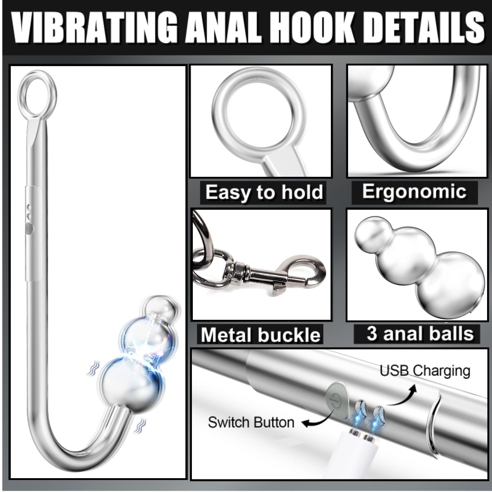 Vibrating Anal Hook BDSM Bondage Kit - 9 Vibration Modes, Thigh Sling, Chest Harness & Handcuffs with 3-Ball Anal Trainer - Unisex SM Fetish Toys for Couples - Perfect for Spicing Up Bedroom Play & BDSM Exploration