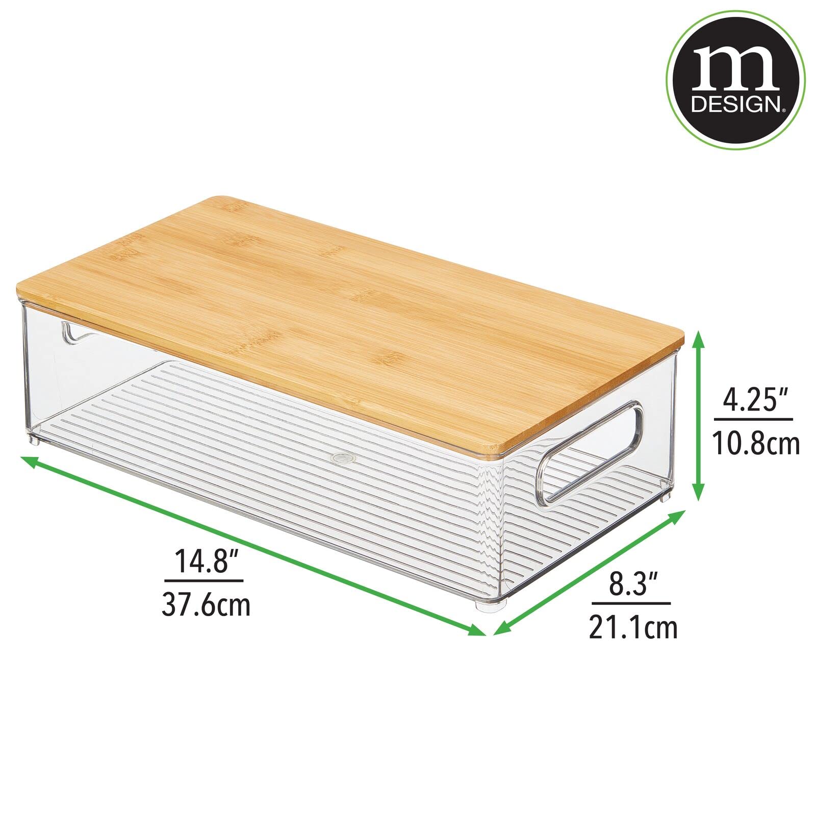 mDesign Plastic Stackable Kitchen Pantry Cabinet Organizer - 8-Pack Clear/Natural Food Storage Bins with Built-In Handles & Bamboo Lids - Perfect for Fruits, Jars, Snacks, Pasta Organization - Ideal for Pantry, Kitchen Countertop, and Cabinet Storage Solutions
