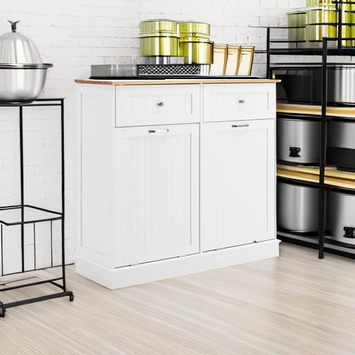 Freestanding Tilt-Out Trash Cabinet with Cutting Board - Pet Proof Kitchen Garbage Recycling Station, Wood Laundry Hamper & Hideaway Trash Holder Drawers (2, White) - Perfect for Small Kitchens, Apartments & Eco-Friendly Homes