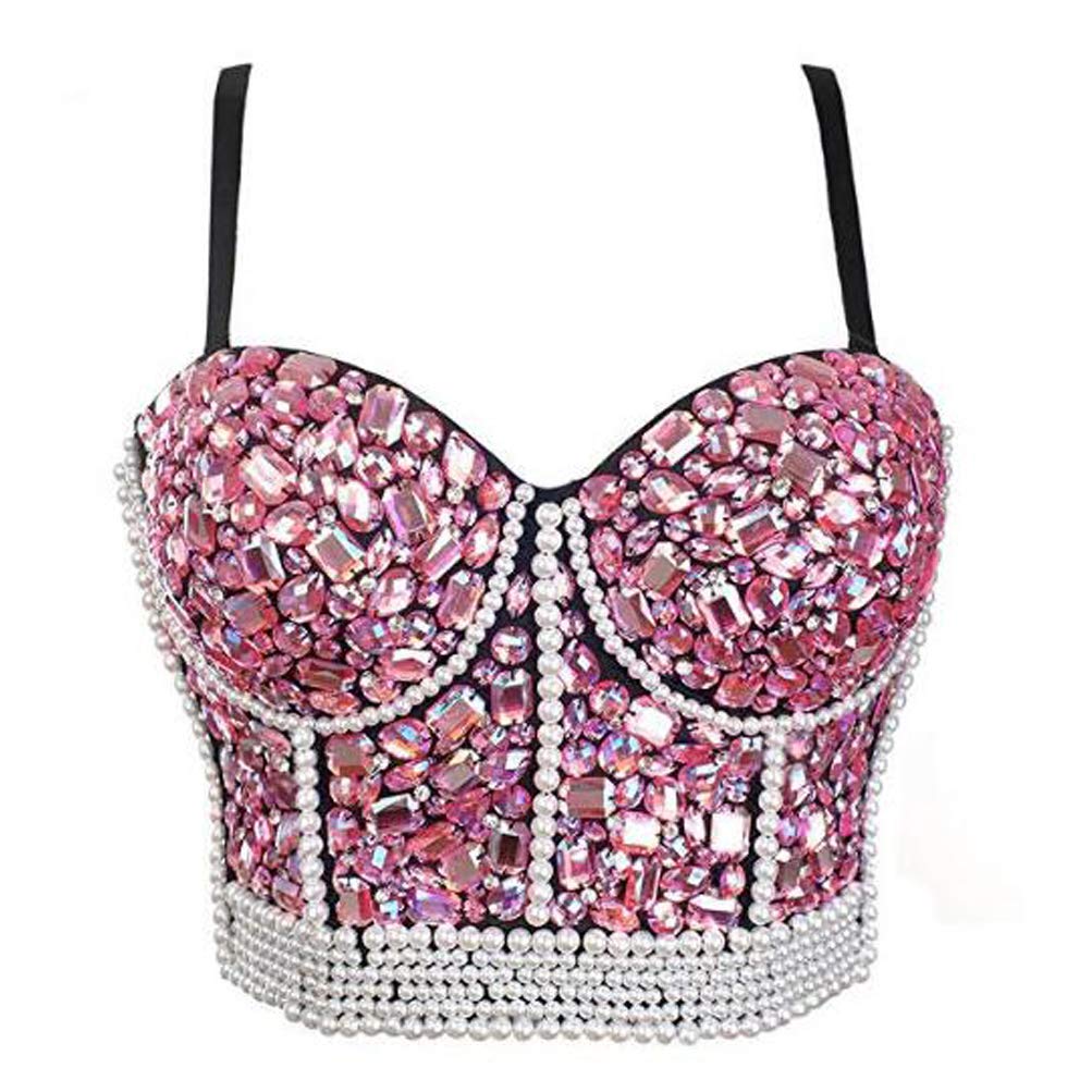 VEENDEO Rhinestone & Pearl Embellished Women's Corset Bustier Crop Top Bra Vest - Sexy Pink Lingerie for Valentine's Day, Bachelorette Party & Boudoir Photography