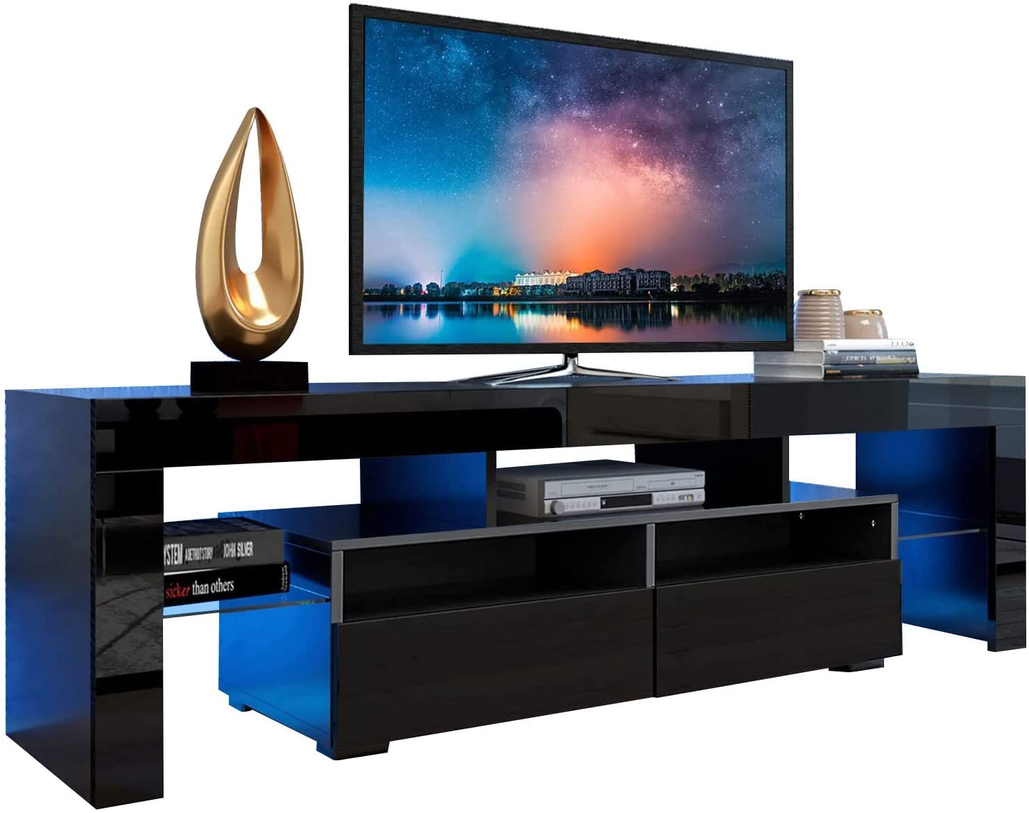 65 Inch LED TV Stand with Storage Drawer - High Gloss Entertainment Center & Media Console Table - Perfect for Living Room, Bedroom & Home Theater Setup
