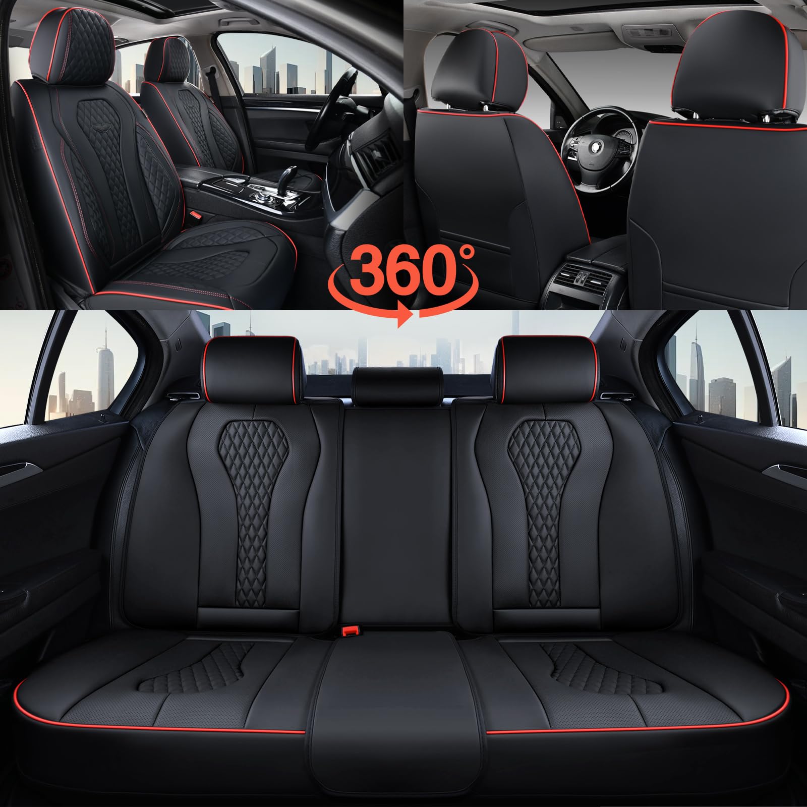Universal Waterproof Car Seat Covers Full Set - Black with Red Stitching | Front & Back Seat Protectors for Most Vehicles | Perfect for Pets, Kids & Daily Commute