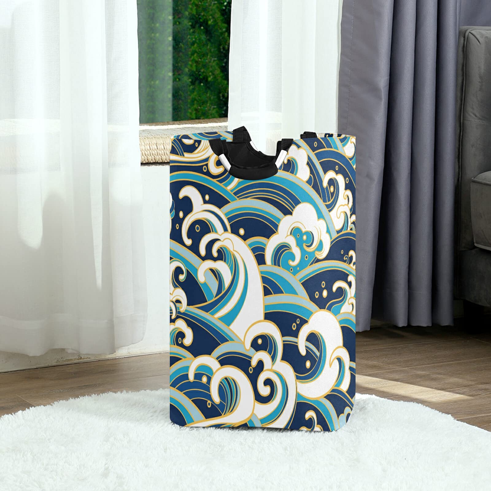 Retro Ocean Wave Laundry Basket - Waterproof Collapsible Clothes Hamper for Dirty Laundry | Large Durable Storage Organizer for Bedroom, Bathroom & Laundry Room