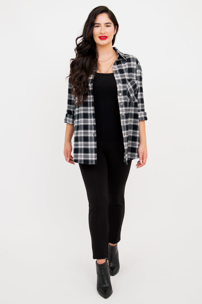 Georgia Top Women's Fashion - Soft Cotton Basalt Plaid Blouse for Casual Wear & Office Outfits