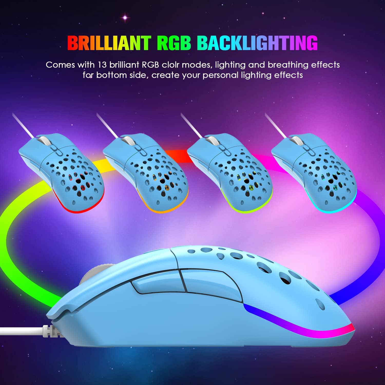 ZIYOU LANG G-PRO D19 RGB Wired Gaming Mouse - 12,000 DPI, Programmable 7 Buttons, Ultra-Light Honeycomb Shell for PC & Laptop - Blue | Perfect for FPS, MOBA & Esports Gaming