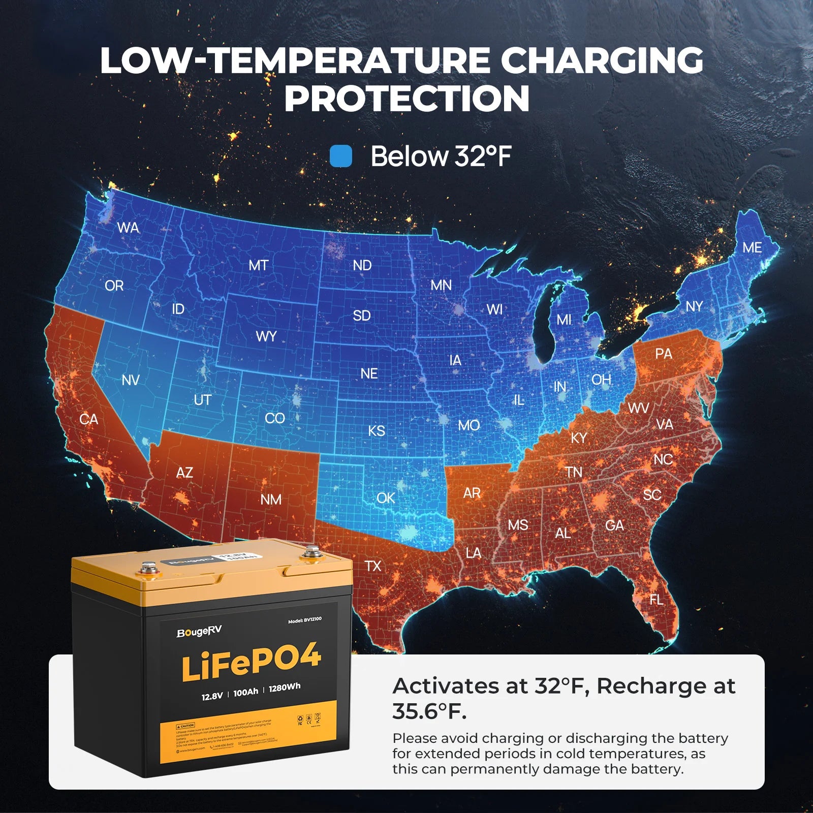 BougeRV 12V 100Ah Group 24 Deep Cycle LiFePO4 Solar Battery for RV, Marine, Off-Grid & Solar Power Systems