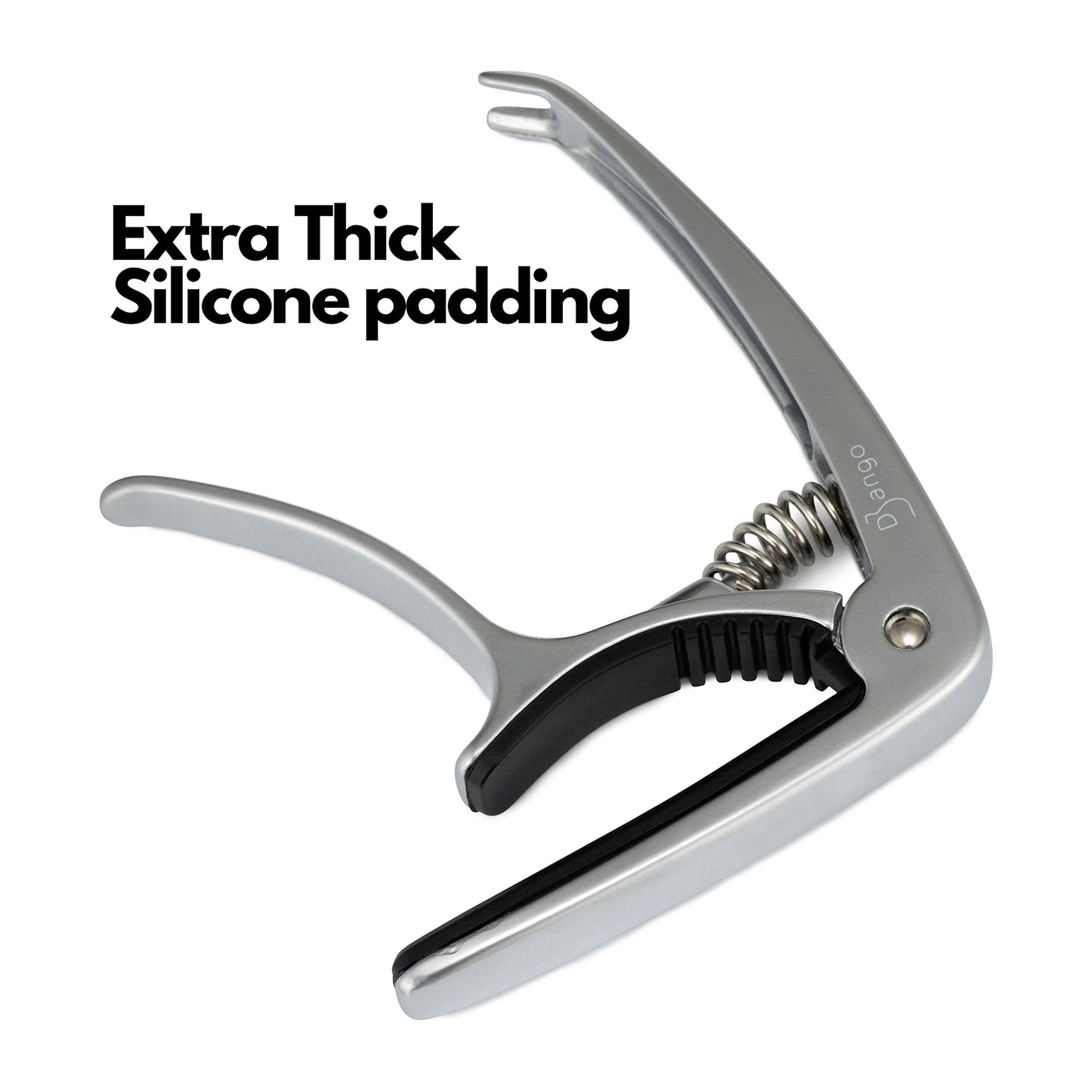 Django Guitar Capo by Pick Geek - Premium Silver Quick-Release Capo for Acoustic, Electric, Ukulele & Classical Guitars | Includes Peg Puller & Extra Padding for Neck Protection | Perfect for Live Performances, Studio Recording & Practice Sessions
