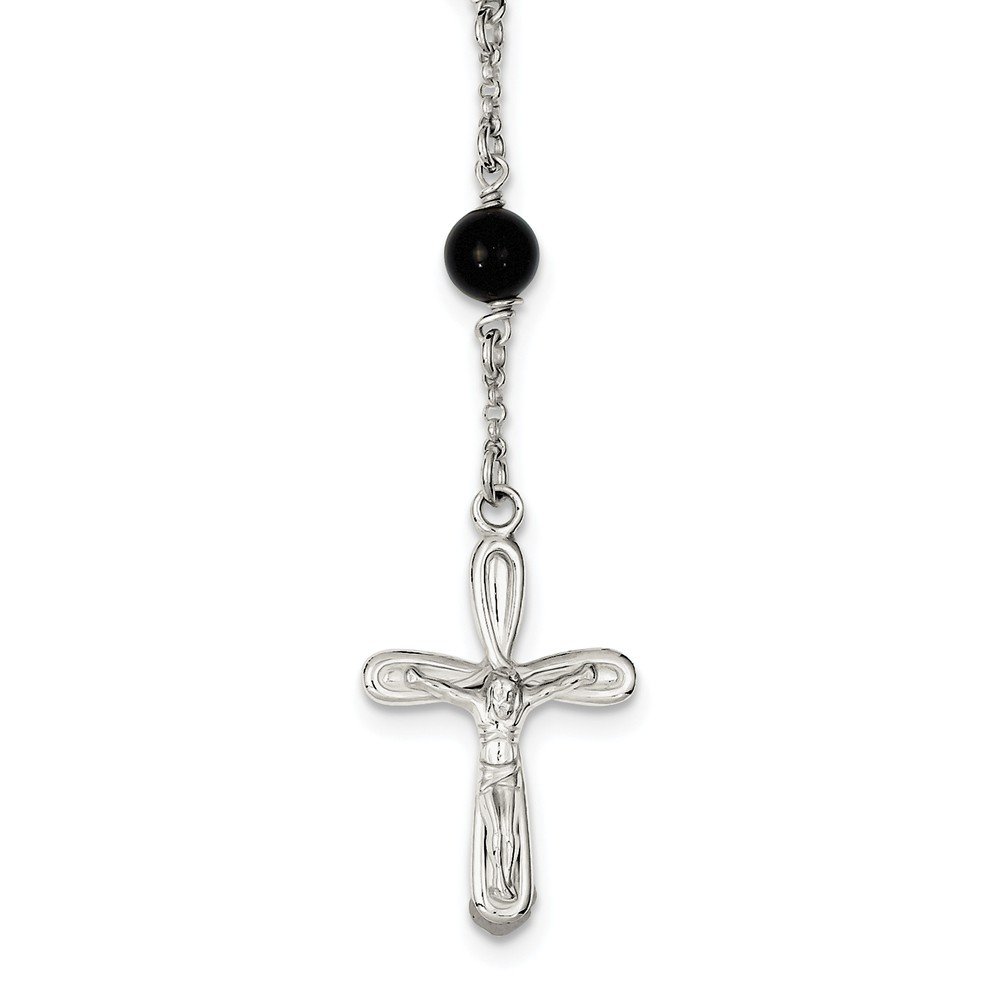 925 Sterling Silver Black Onyx Rosary Necklace with Cross Pendant - 33