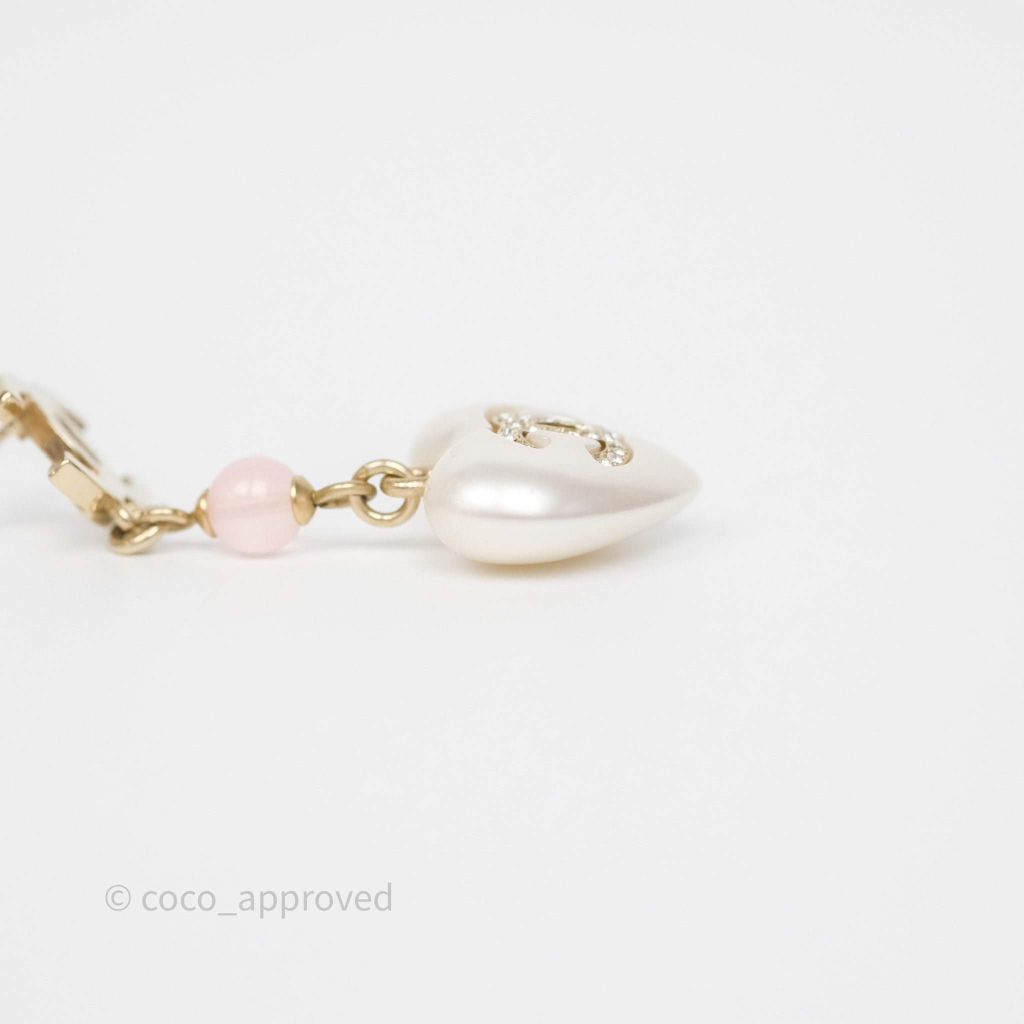 Chanel CC Pink Bead Heart Pearl Crystal Drop Earrings in Gold Tone - Elegant Luxury Jewelry for Women, Perfect for Parties, Weddings & Special Occasions