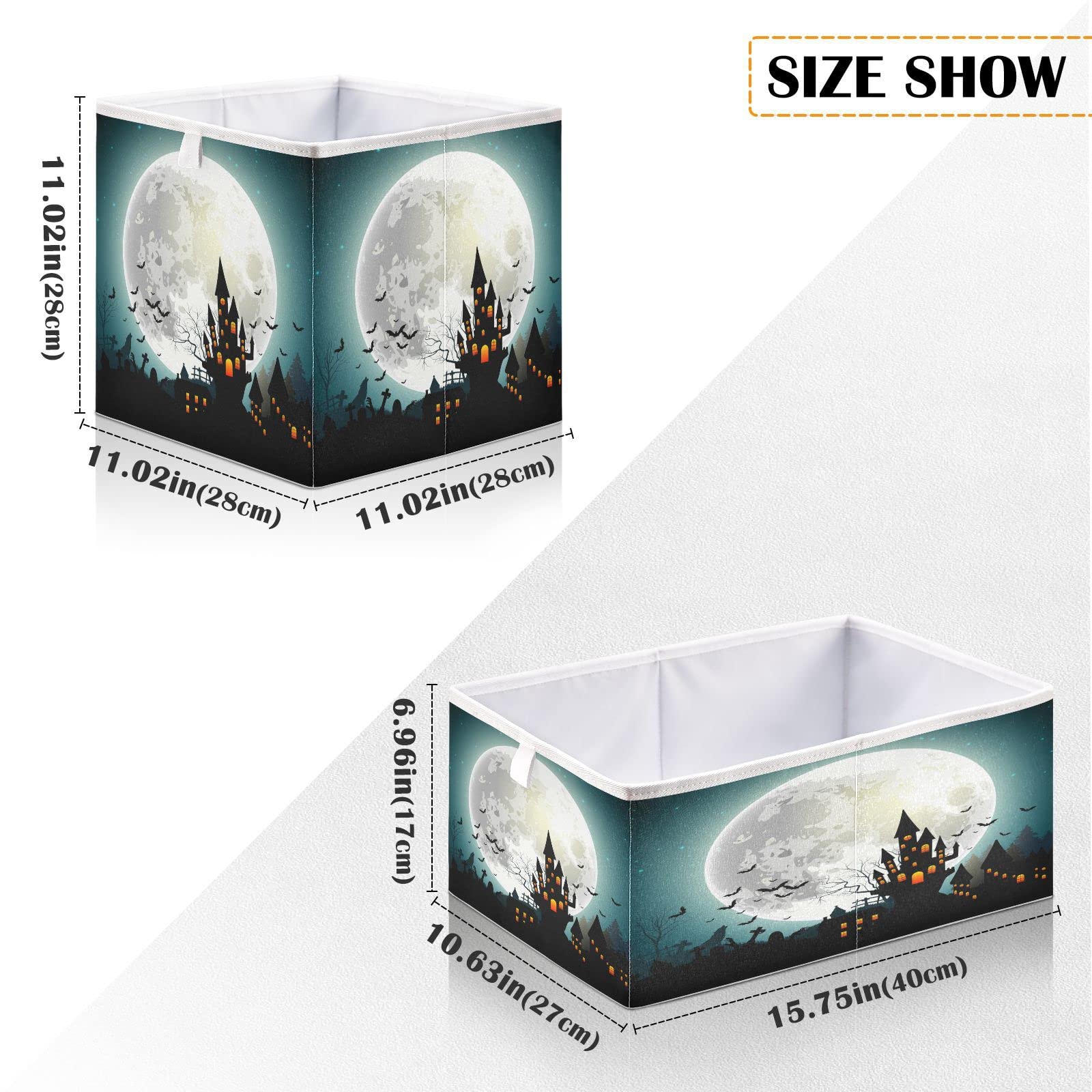Halloween Castle Full Moon Foldable Collapsible Storage Baskets - 11x11 Inch Fabric Storage Bins & Cube Organizers for Shelves, Pantry, Bathroom, Baby Clothes & Nursery Toys - Perfect for Seasonal Decor & Home Organization