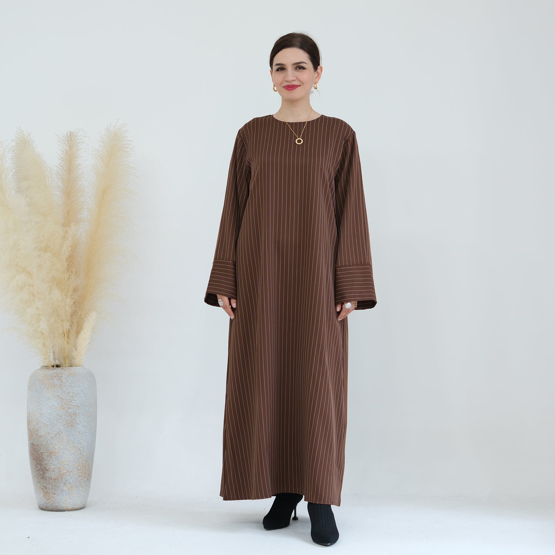 Janine Stripe Long Sleeve Belted Maxi Dress for Women - Brown Flowy Boho Dress for Beach, Wedding & Casual Outings