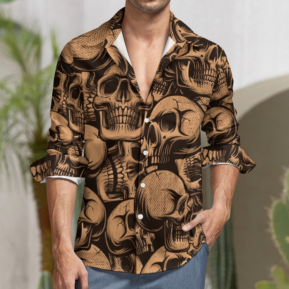 Stylish Bronze Skull Print Casual One Pocket Long Sleeve Shirt for Men | Trendy Gothic Streetwear | Perfect for Halloween, Concerts & Everyday Wear