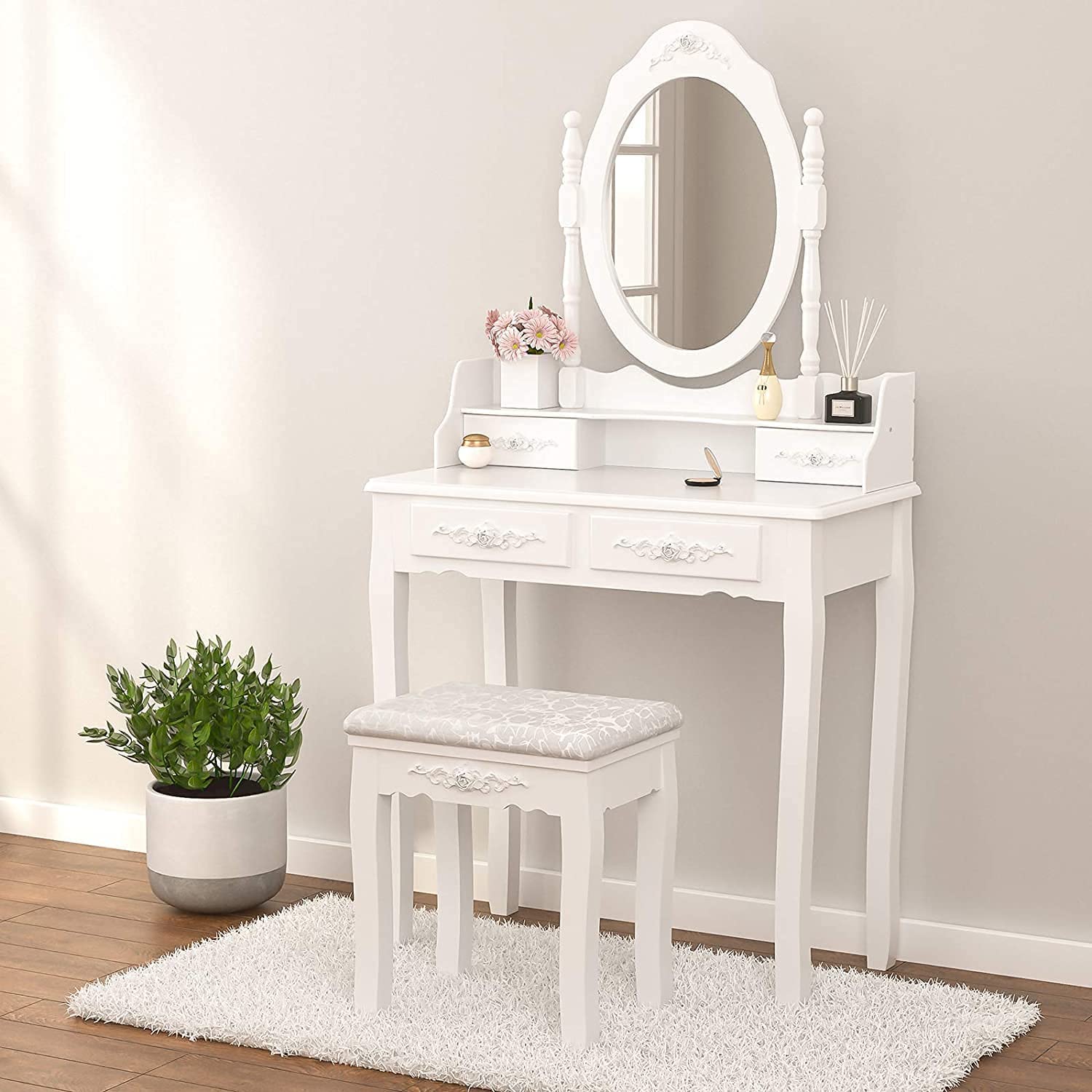 Alohappy Vanity Set with Mirror & Stool - 4 Drawer Wood Dressing Table for Bedroom Makeup