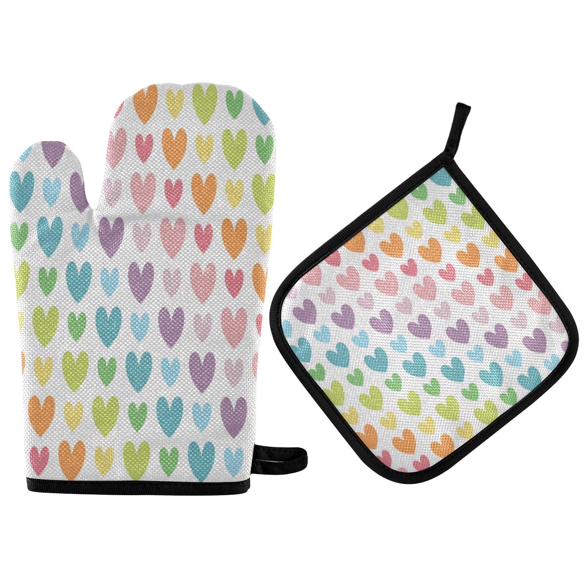 Rainbow Heart Oven Mitts & Pot Holders Set - 2 Pcs Heat Resistant Non-Slip Kitchen Gloves for Cooking, Baking, BBQ, Grilling - Perfect for Valentine's Day Gifts & Holiday Kitchen Decor