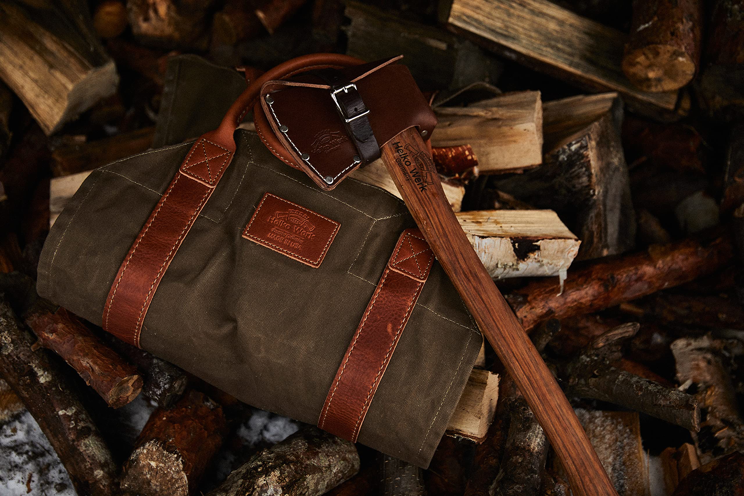 1844 Helko Werk Germany Frontier Collection Canvas Log Carrier - Heavy Duty Firewood Holder & Bag for Fireplace, Camping, Outdoor Wood Storage - Made in USA (Olive Green)