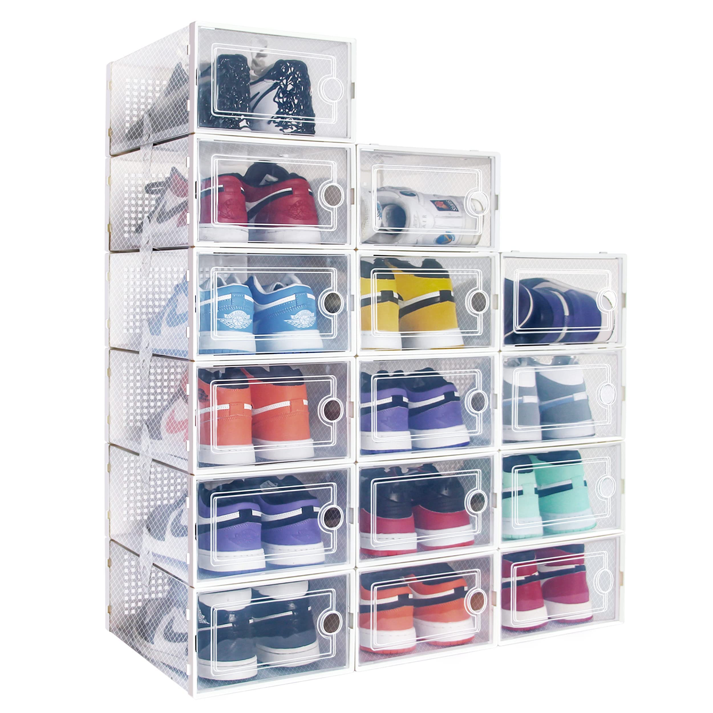 Hrrsaki 15-Pack Large Clear Plastic Shoe Storage Boxes - Stackable Collapsible Shoe Organizer with Lids for Sneakers, Boots & Heels | Perfect for Closet, Bedroom & Dorm Organization | Space-Saving Shoe Containers for Men & Women