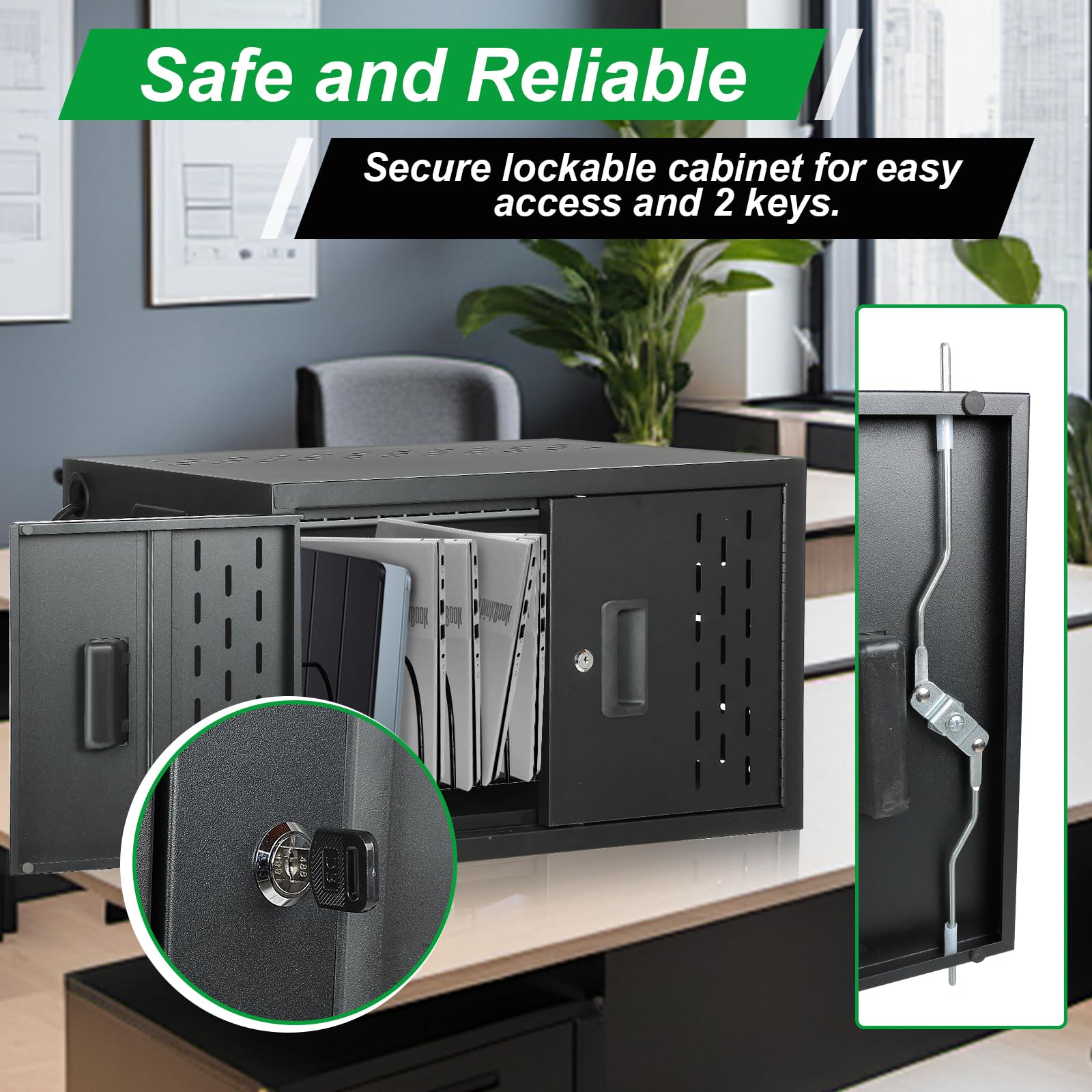 16-Device Wall-Mount Charging Station for Laptops & Tablets - Secure Storage Cabinet for Chromebooks, Laptops & Tablets - Ideal for Classrooms, Libraries, Offices & Conference Rooms - Lockable Black Charging Cart with Multi-Device Organization