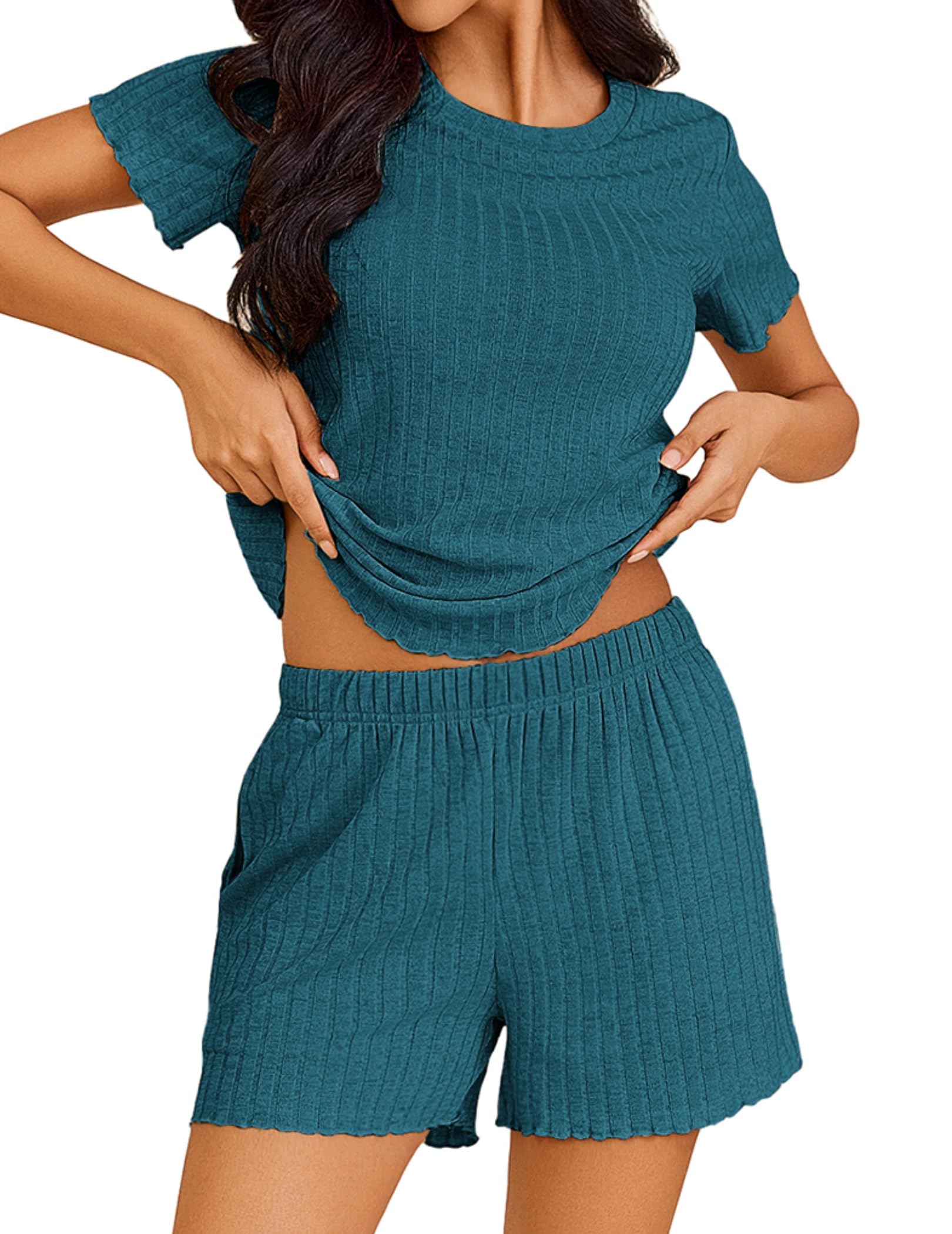 Ekouaer Women's Ribbed Knit Pajama Set - Soft Short Sleeve Sleepwear with Pockets, Comfortable Lounge Wear for Nighttime & Relaxation at Home