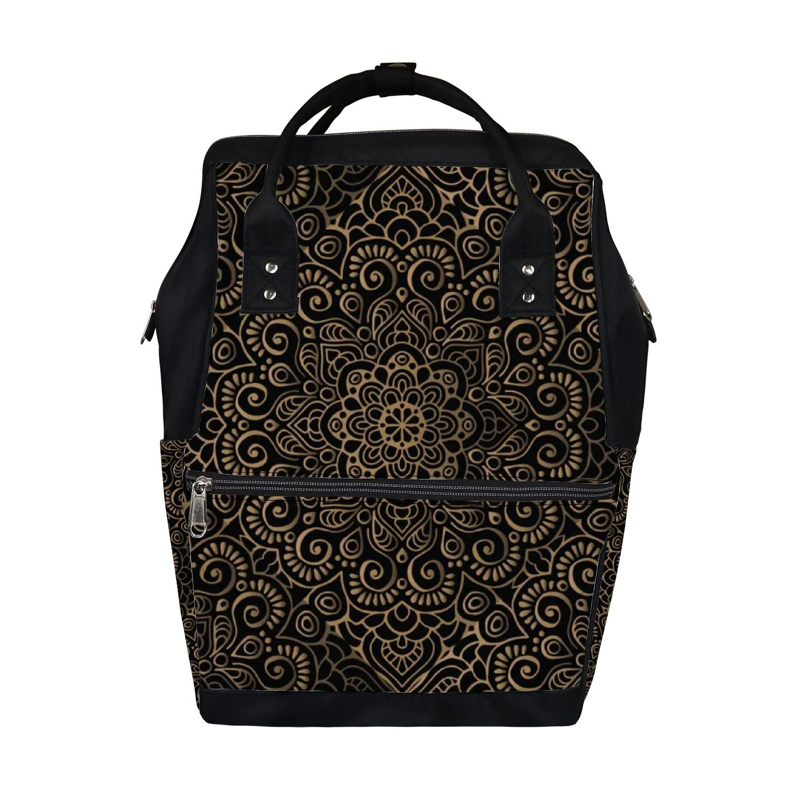 Vintage Boho Black Luxury Pattern Waterproof Diaper Backpack - Large Capacity Baby Nappy Changing Bag & Travel Laptop Backpack for Women & Men | Perfect for Parenting, Business Trips, and Outdoor Adventures