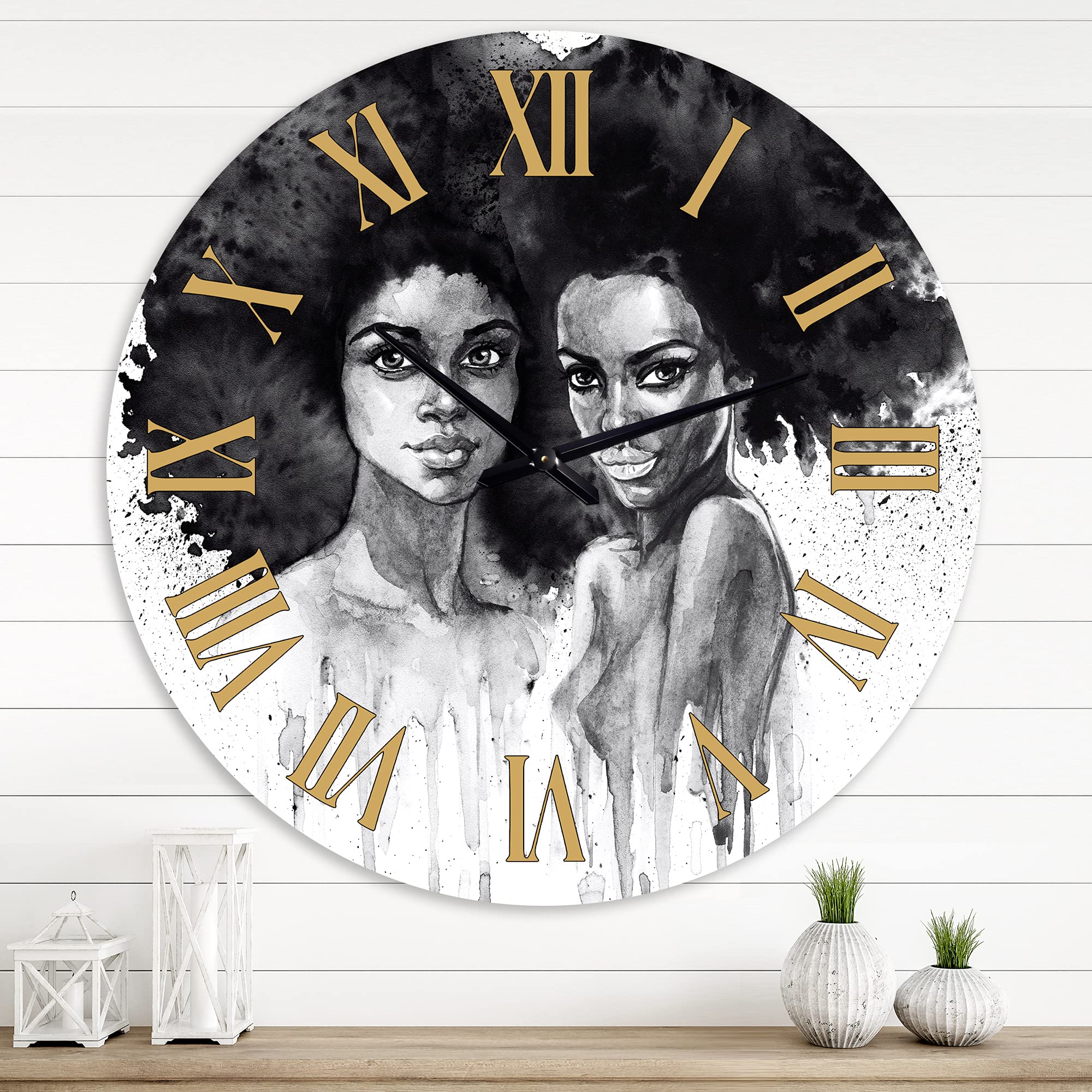 DesignQ Modern Wall Clock - Portrait of African American Woman XI - Large Decorative Wall Clock for Living Room, Bedroom & Office - Unique Home Decor Gift Idea