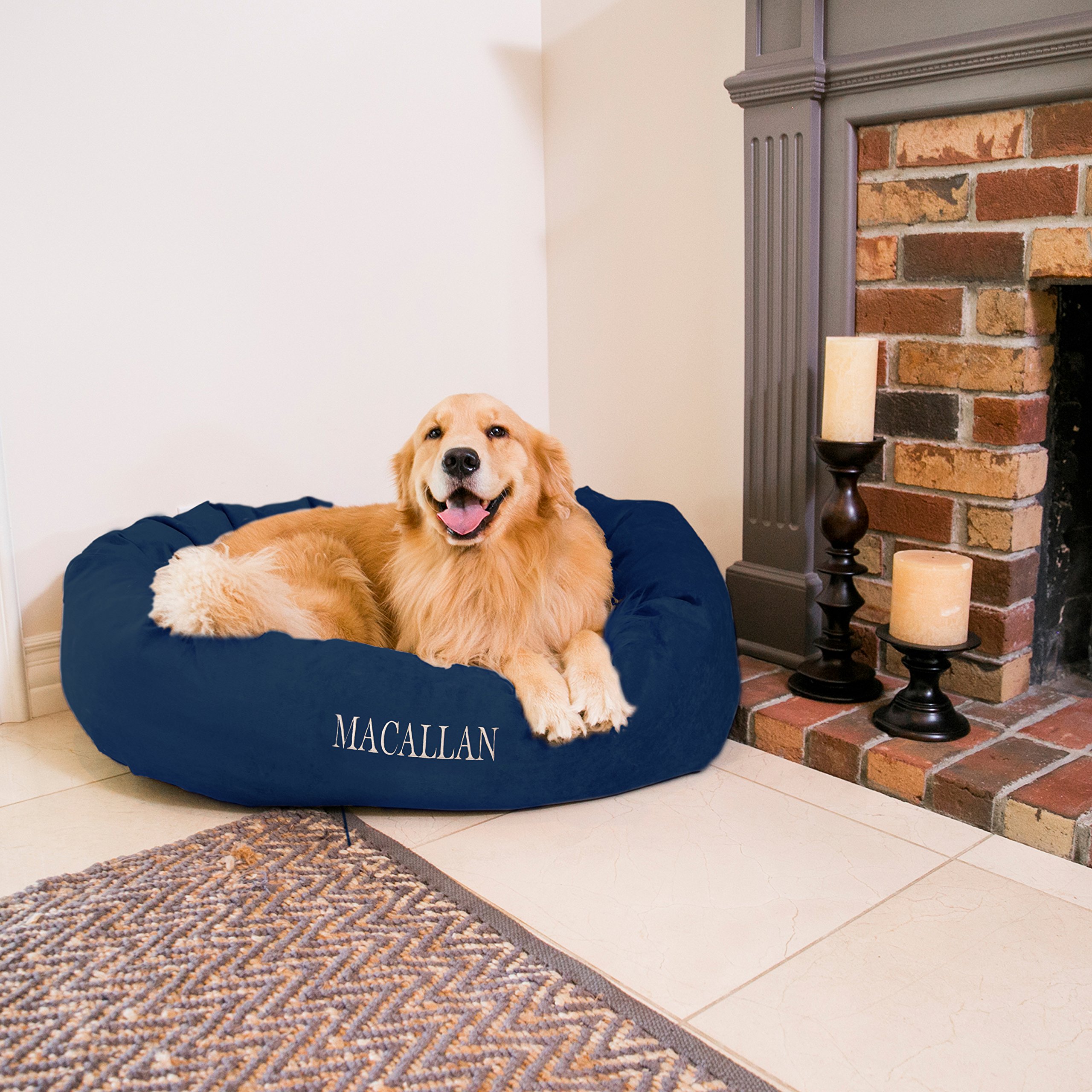 Majestic Pet Personalized Bagel Dog Bed - Machine Washable Soft Comfortable Sleeping Mat with Durable Support - Custom Embroidered Pet Bed with Replaceable Covers - Large Navy Blue Dog Cushion for Cozy Napping & Home Decor