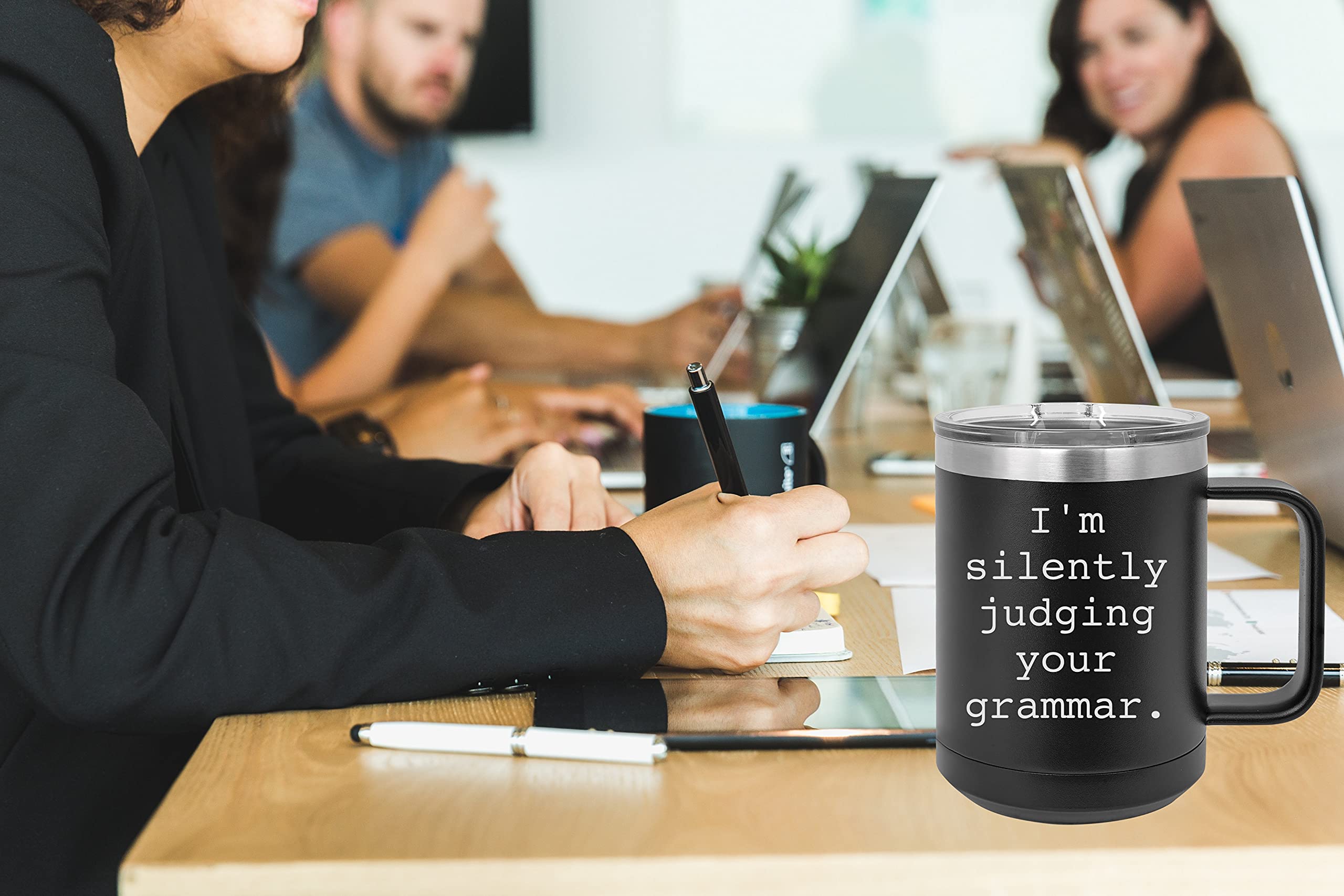 Funny Sarcasm Coffee Mug - 15oz Stainless Steel Vacuum Insulated Travel Tumbler with Handle & Lid - Perfect for Office, Coworker Gifts & Grammar Lovers - Great for Work, Commuting & Coffee Breaks (Teal)