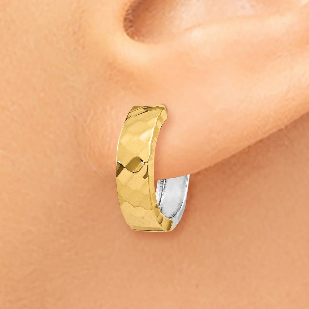 14K Two-Tone Gold Textured Hinged Hoop Huggie Earrings (14mm x 15mm) - Elegant Everyday Jewelry for Women, Perfect for Work, Date Night & Special Occasions
