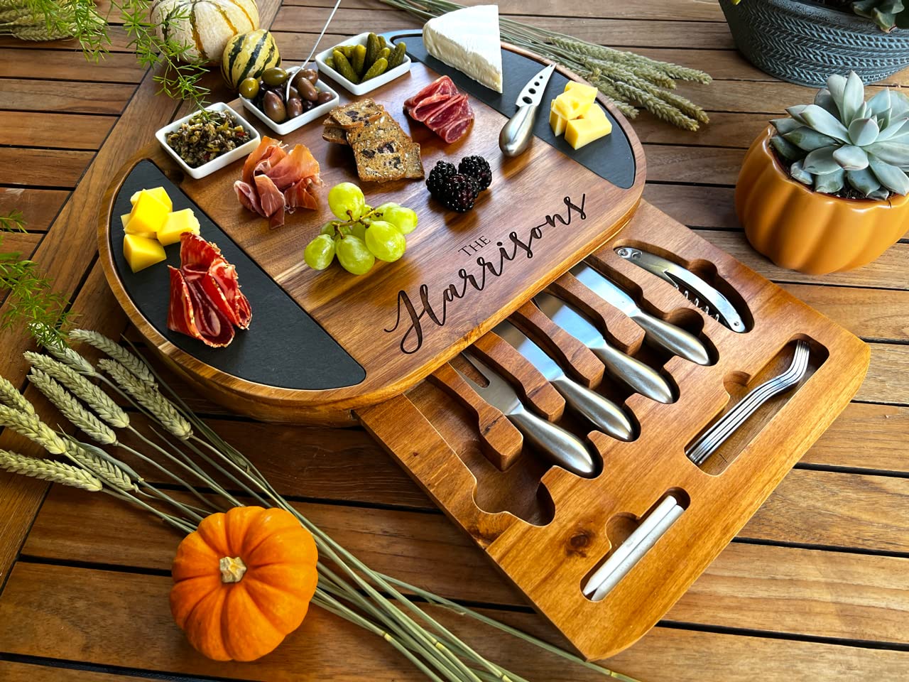 Personalized Round Charcuterie Board Set - 19pcs Cheese Board & Knife Set with Custom Engraving | Perfect Realtor Closing Gift, Wedding Present, Housewarming Party | Great for Entertaining, Cheese Tasting, Charcuterie Platters & Special Occasions