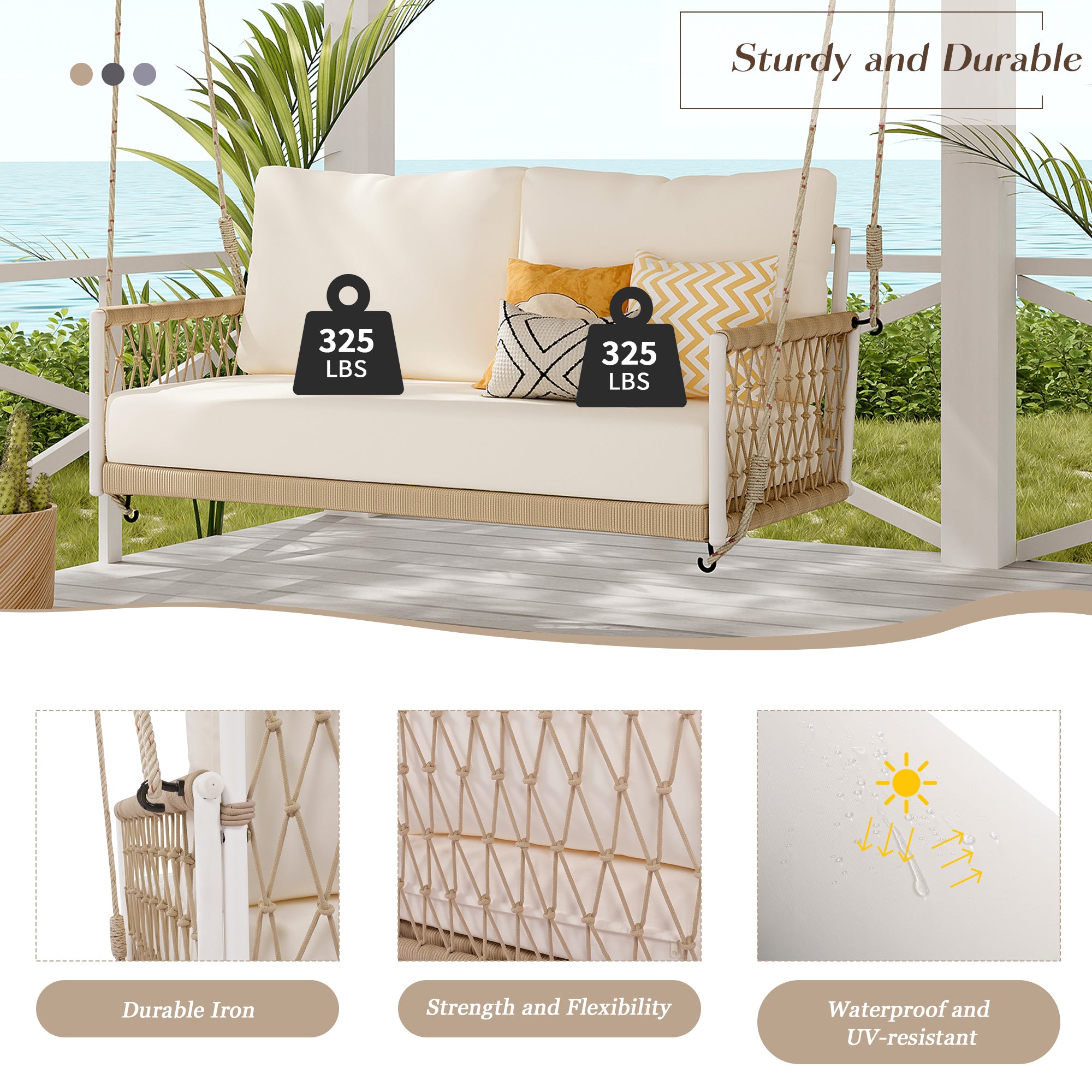 1 Piece Woven Rope Outdoor Swing Sofa with Soft Cushions - Seats 2 People - Perfect for Patio, Garden, Backyard, Balcony & Porch - Weather-Resistant Beige Hanging Chair for Relaxation & Leisure Time
