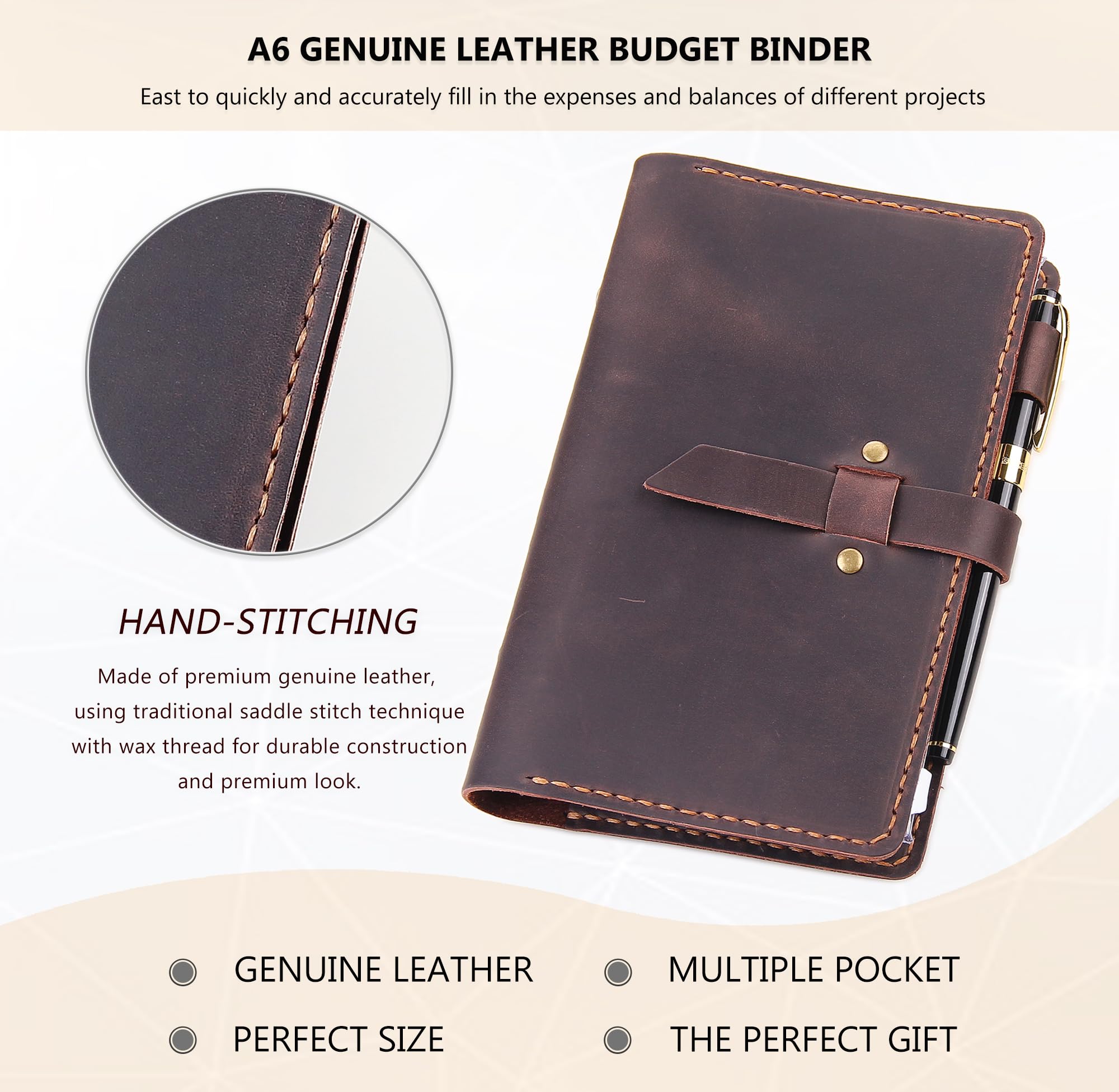 Premium Handmade Leather A6 Binder Budget Planner with Cash Envelopes - Money Saving Organizer for Cash & Budget Tracking - Perfect for Personal Finance, Travel, and Office Use